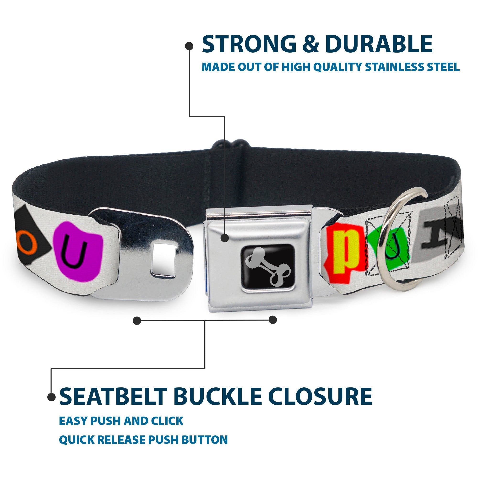 Dog Bone Seatbelt Buckle Collar - Punk You White/Full Color