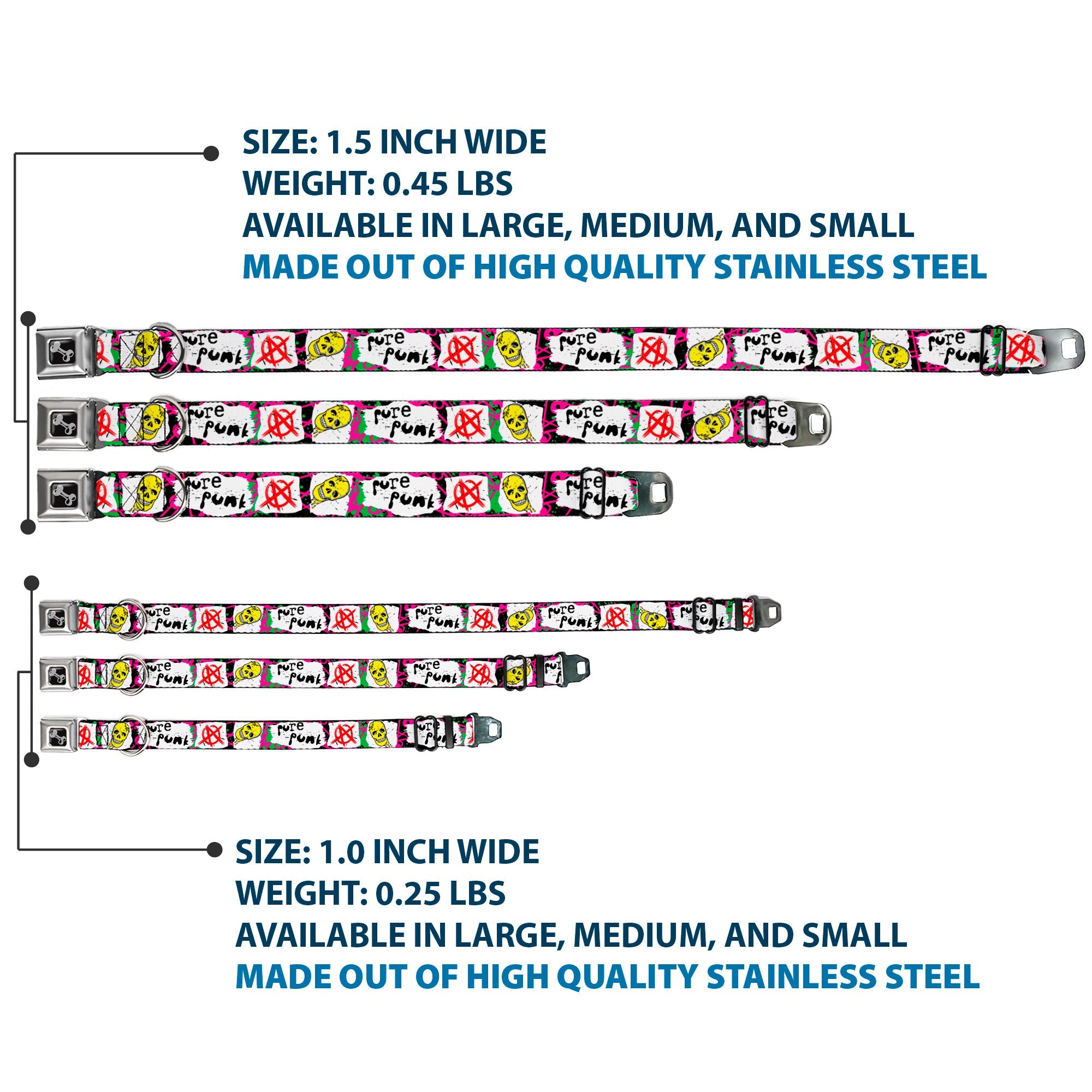 Dog Bone Seatbelt Buckle Collar - Pure Punk w/Safety Pins Black/Fuchsia/White