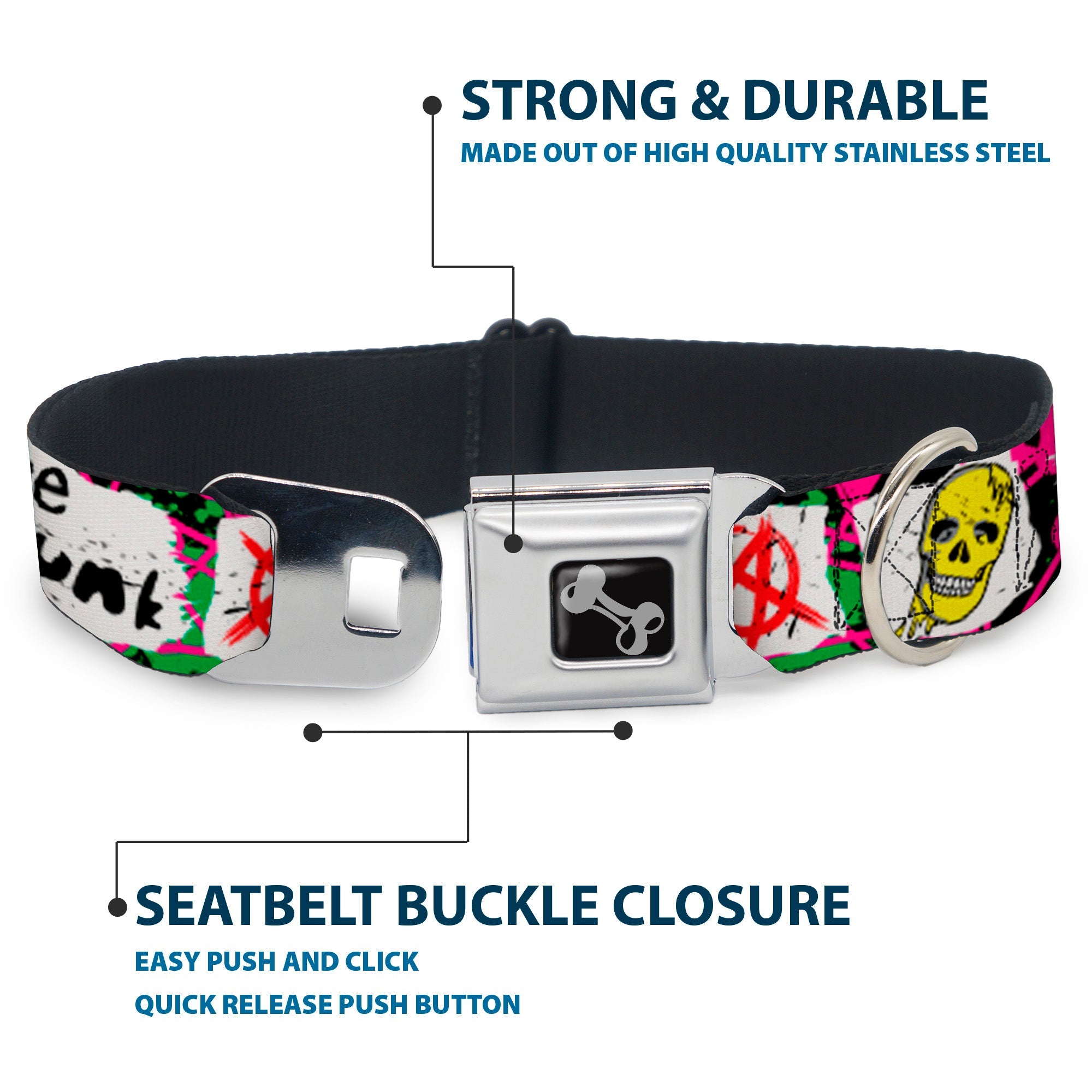 Dog Bone Seatbelt Buckle Collar - Pure Punk w/Safety Pins Black/Fuchsia/White