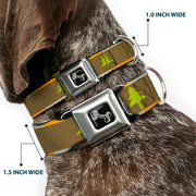 Dog Bone Seatbelt Buckle Collar - Pine Trees Blocks Olive/Orange/Tan