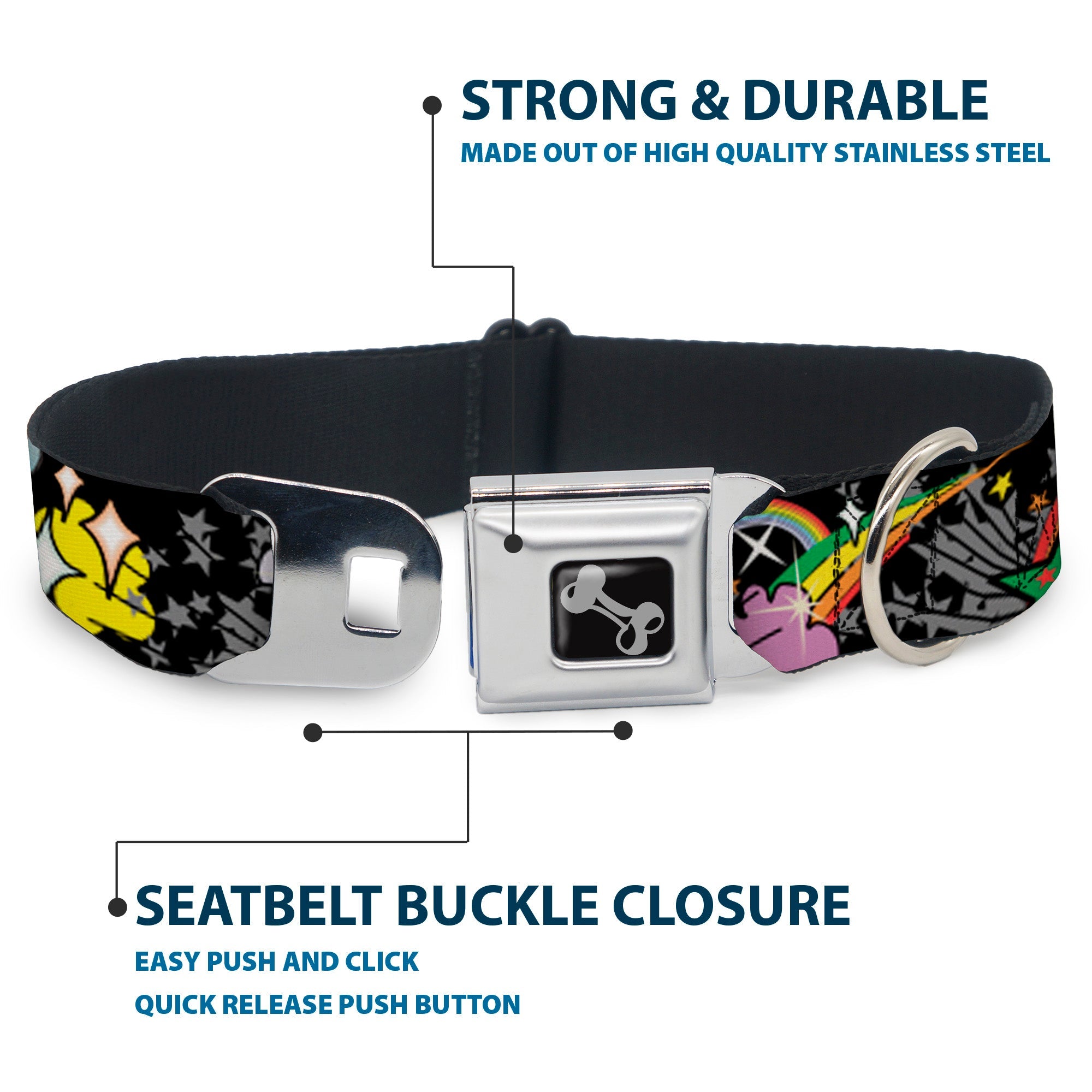 Dog Bone Seatbelt Buckle Collar - Rainbow Cloud Stars Black