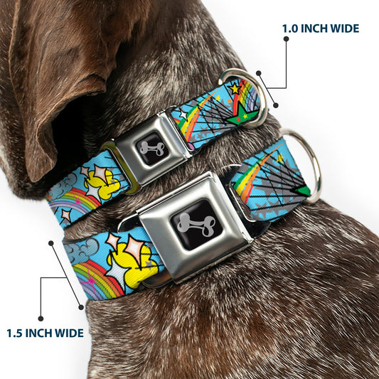 Dog Bone Seatbelt Buckle Collar - Rainbow Cloud Stars Baby Blue