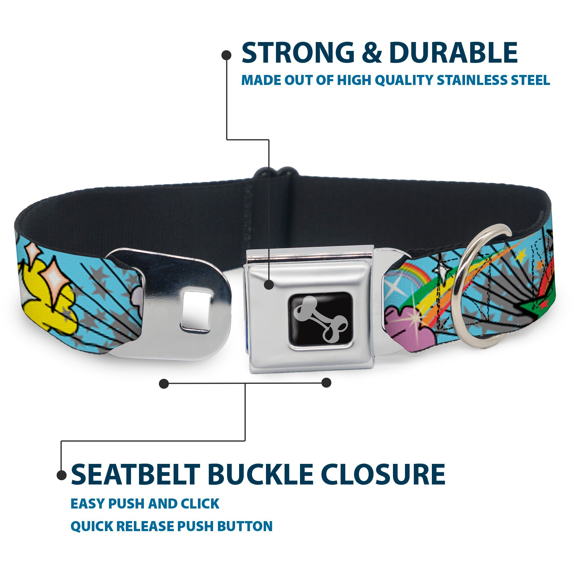 Dog Bone Seatbelt Buckle Collar - Rainbow Cloud Stars Baby Blue