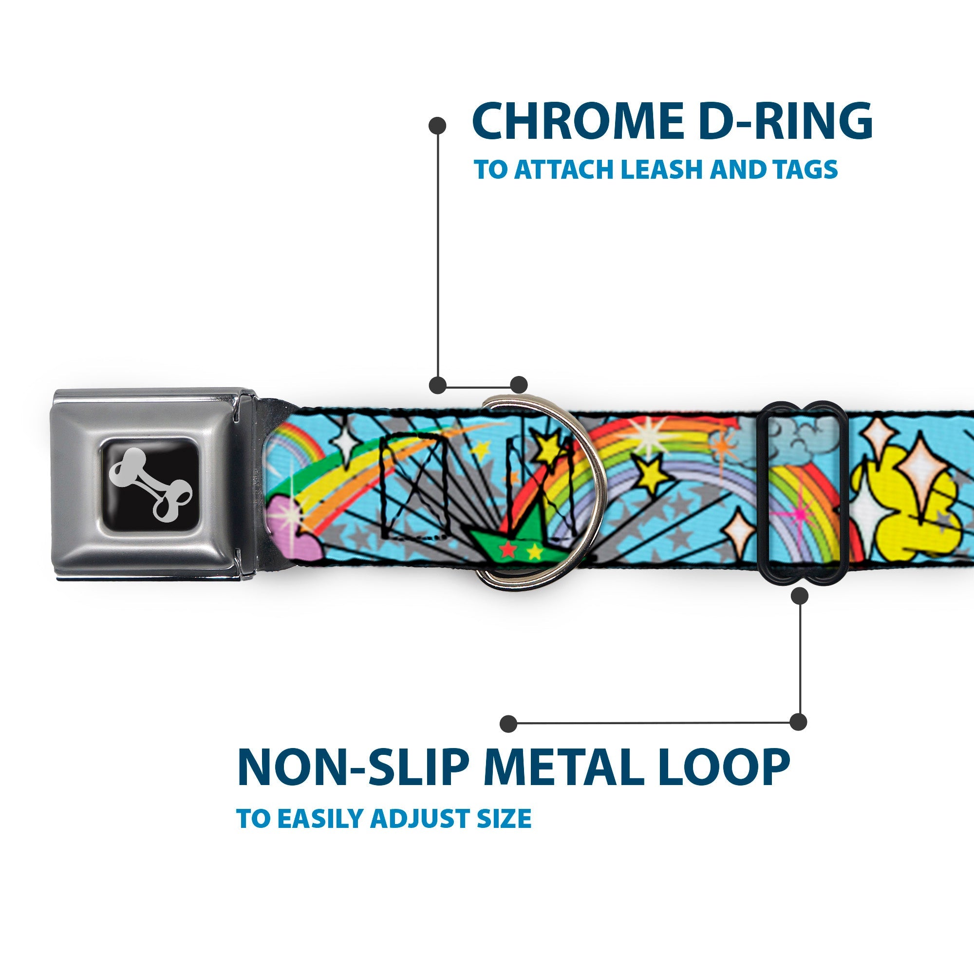 Dog Bone Seatbelt Buckle Collar - Rainbow Cloud Stars Baby Blue