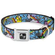 Dog Bone Seatbelt Buckle Collar - Rainbow Cloud Stars Baby Blue