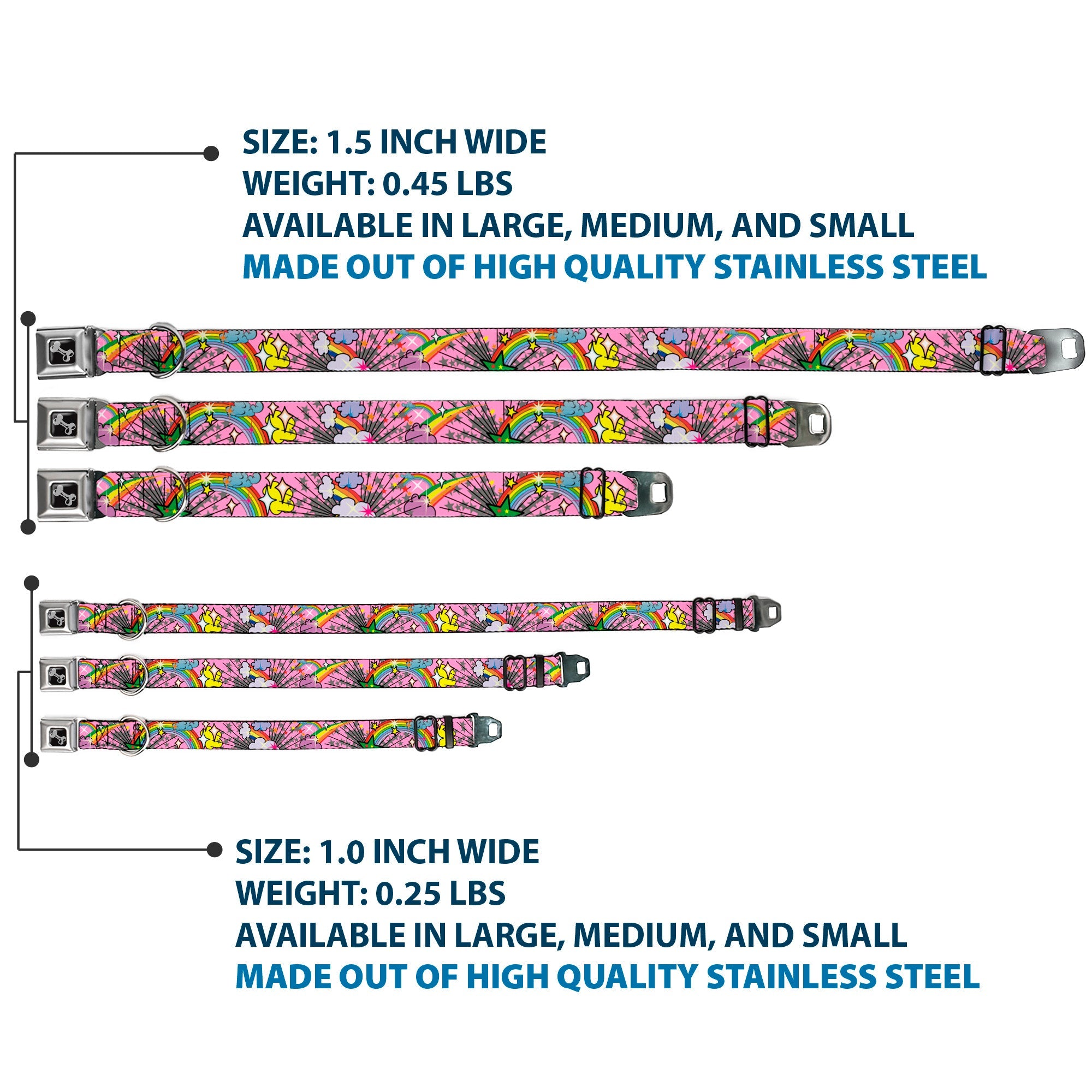 Dog Bone Seatbelt Buckle Collar - Rainbow Cloud Stars Pink