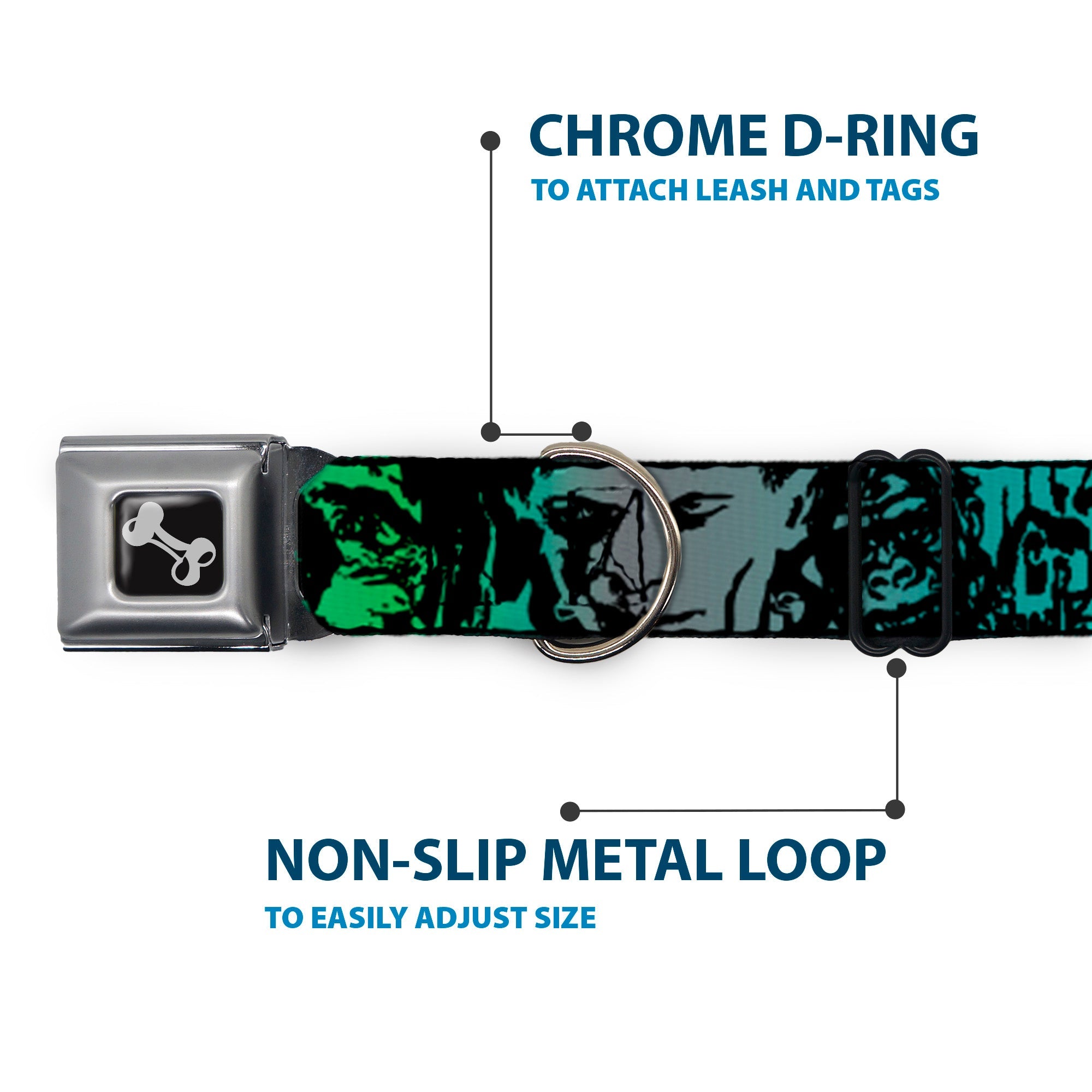 Dog Bone Seatbelt Buckle Collar - Retro Monster Aqua/Black