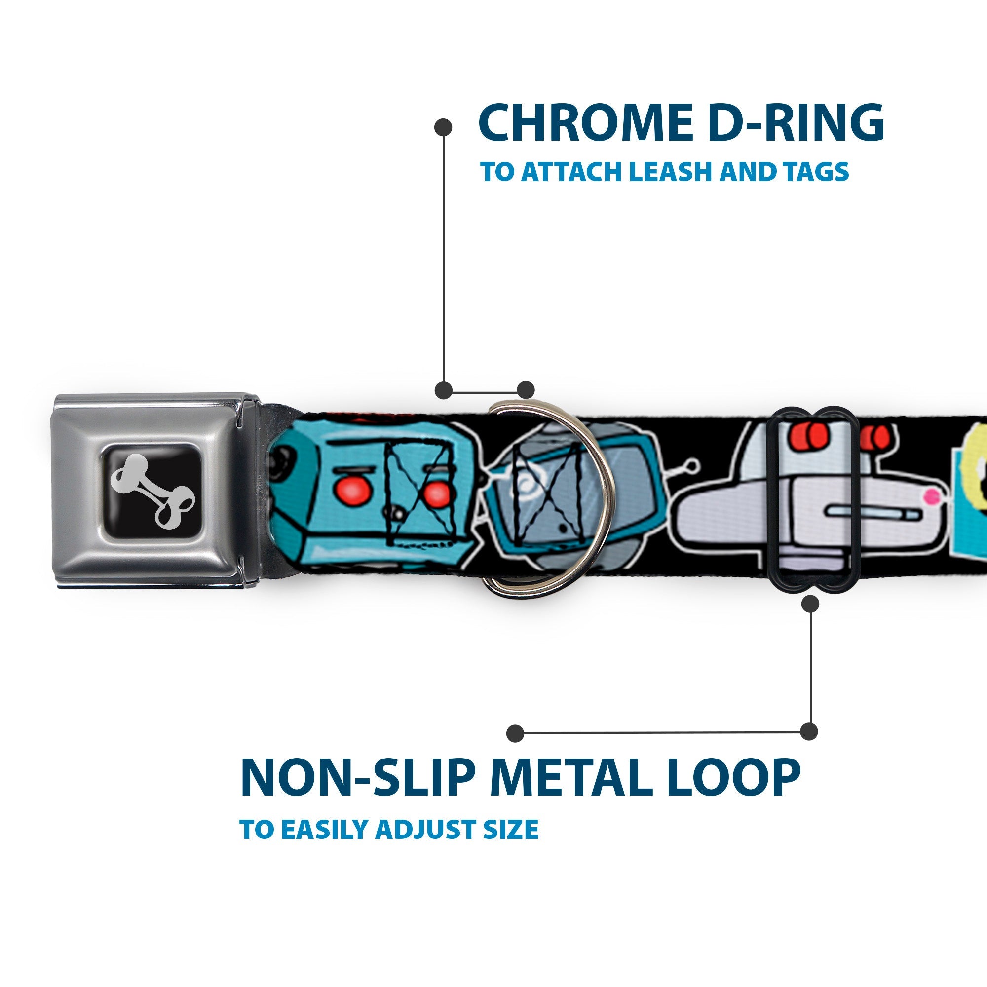 Dog Bone Seatbelt Buckle Collar - Robots CLOSE-UP Black