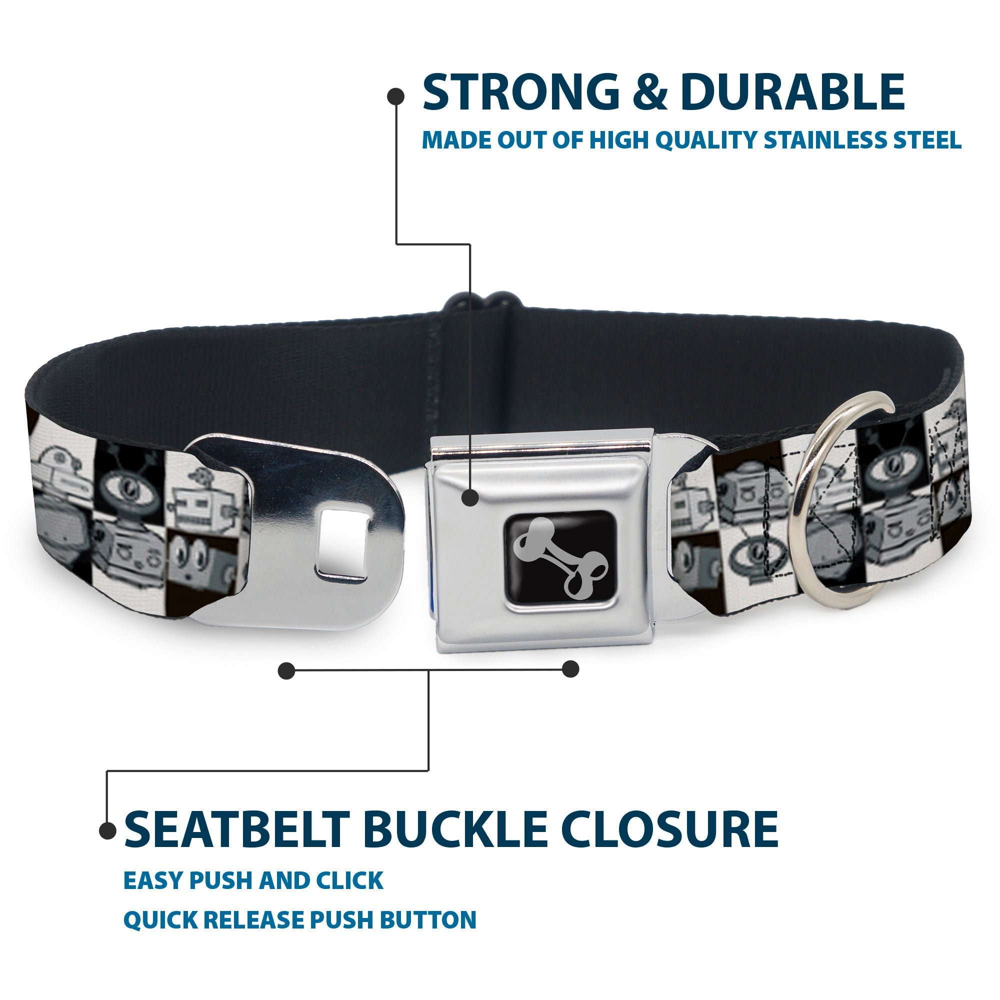 Dog Bone Seatbelt Buckle Collar - Robot Heads Checkers Black/White