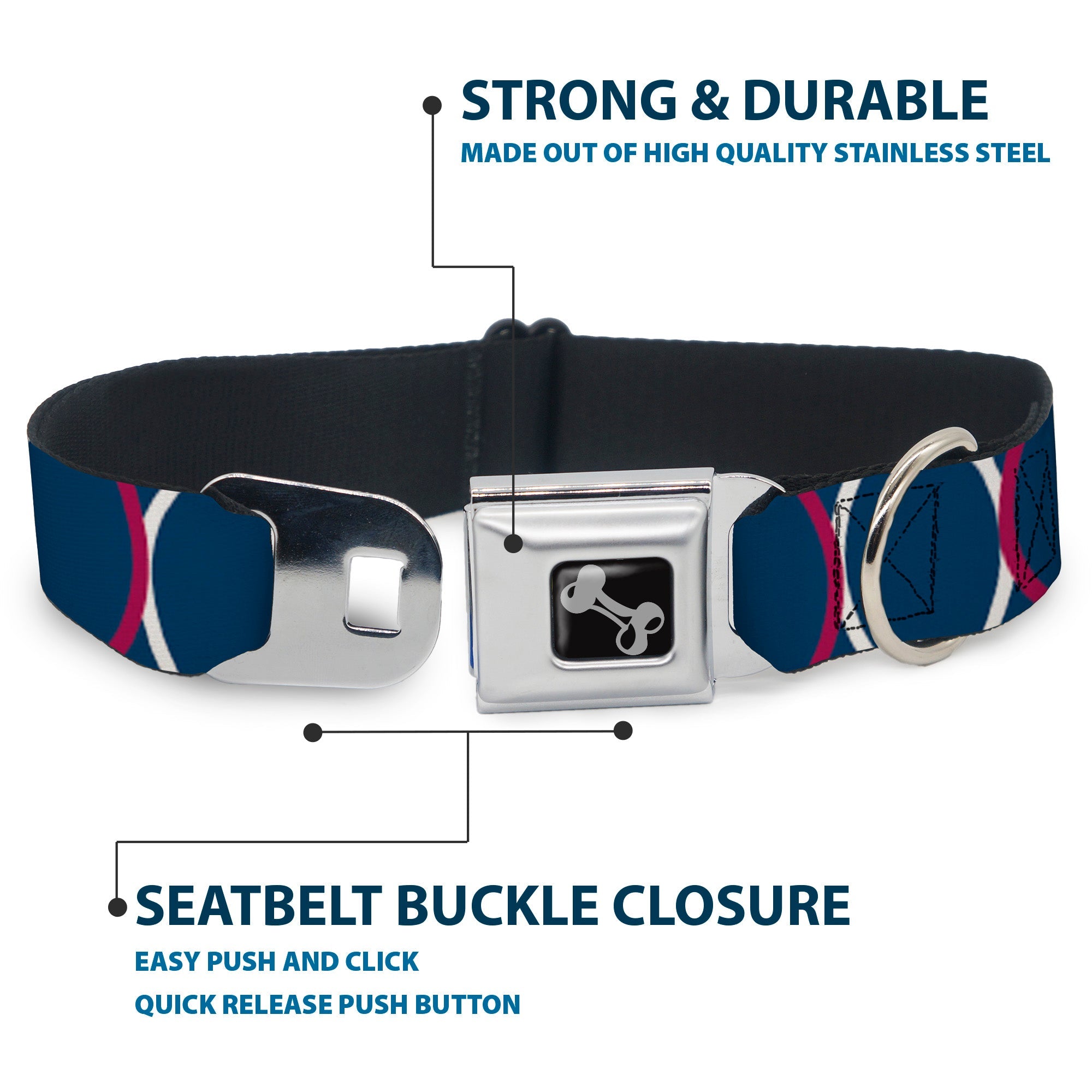 Dog Bone Seatbelt Buckle Collar - Rings Turquoise/White/Fuchsia