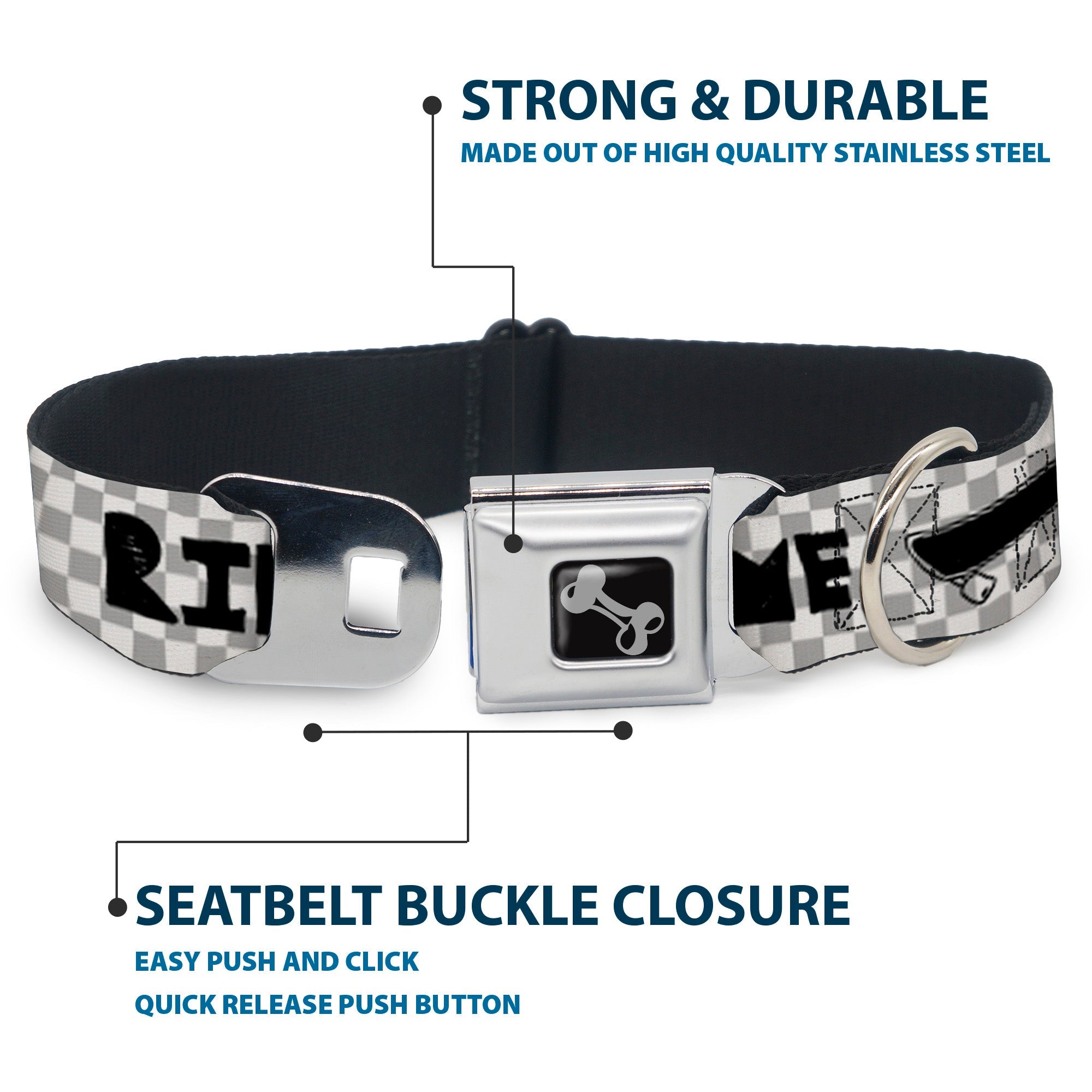 Dog Bone Seatbelt Buckle Collar - RIDE ME Skateboard w/Mini Checker White/Gray/Black