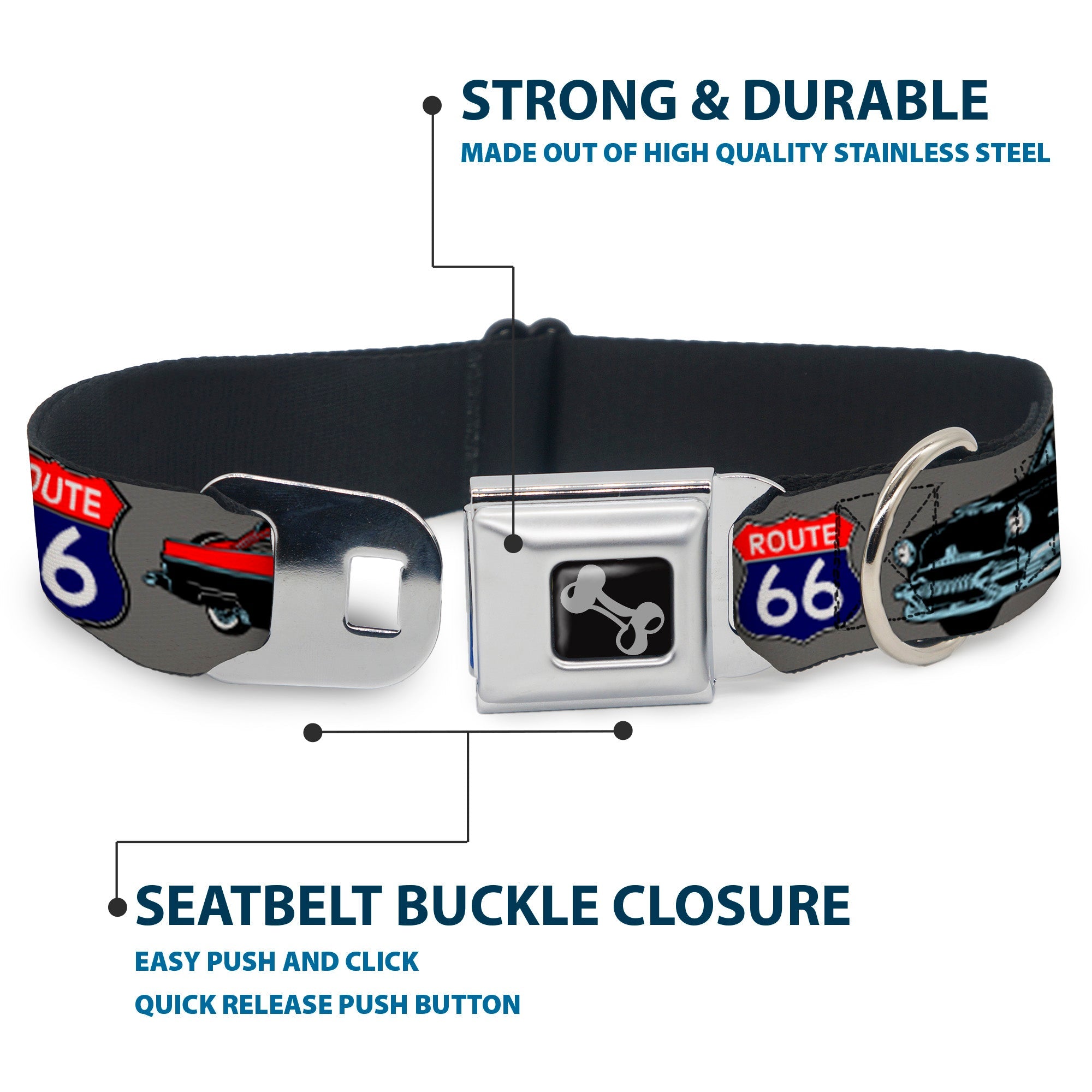 Dog Bone Seatbelt Buckle Collar - Route 66 Classics Gray