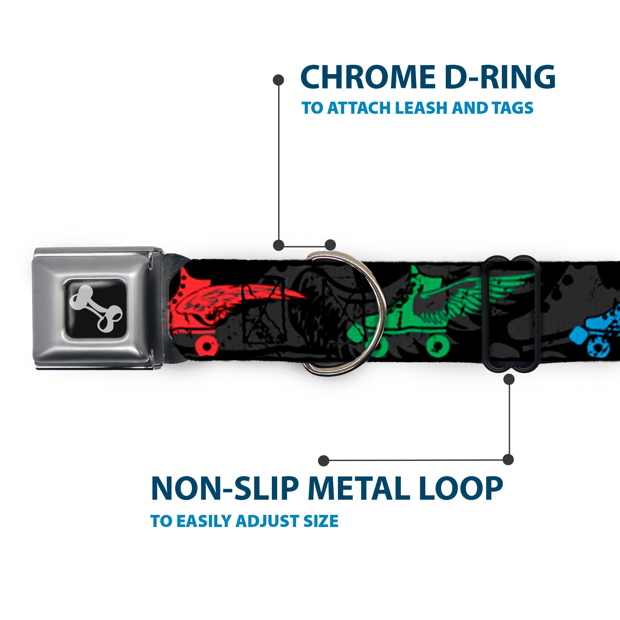 Dog Bone Seatbelt Buckle Collar - Roller Skates Black/Gray/Multi Color
