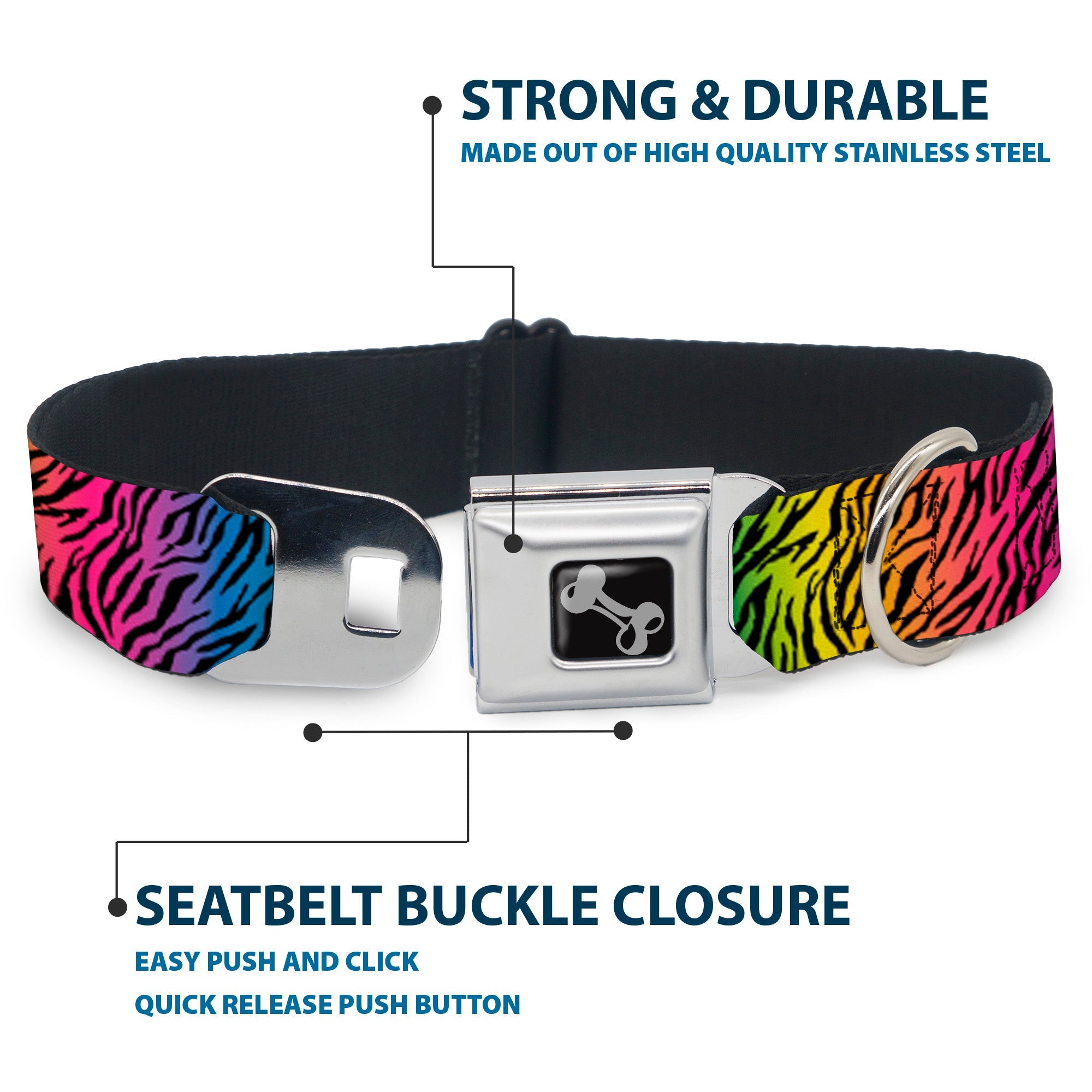 Dog Bone Seatbelt Buckle Collar - Zebra Rainbow Ombre