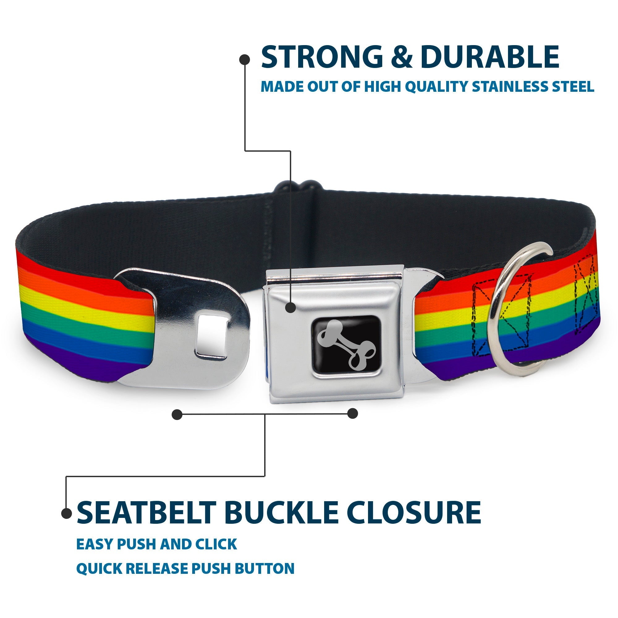 Dog Bone Black/Silver Seatbelt Buckle Collar - Rainbow Print