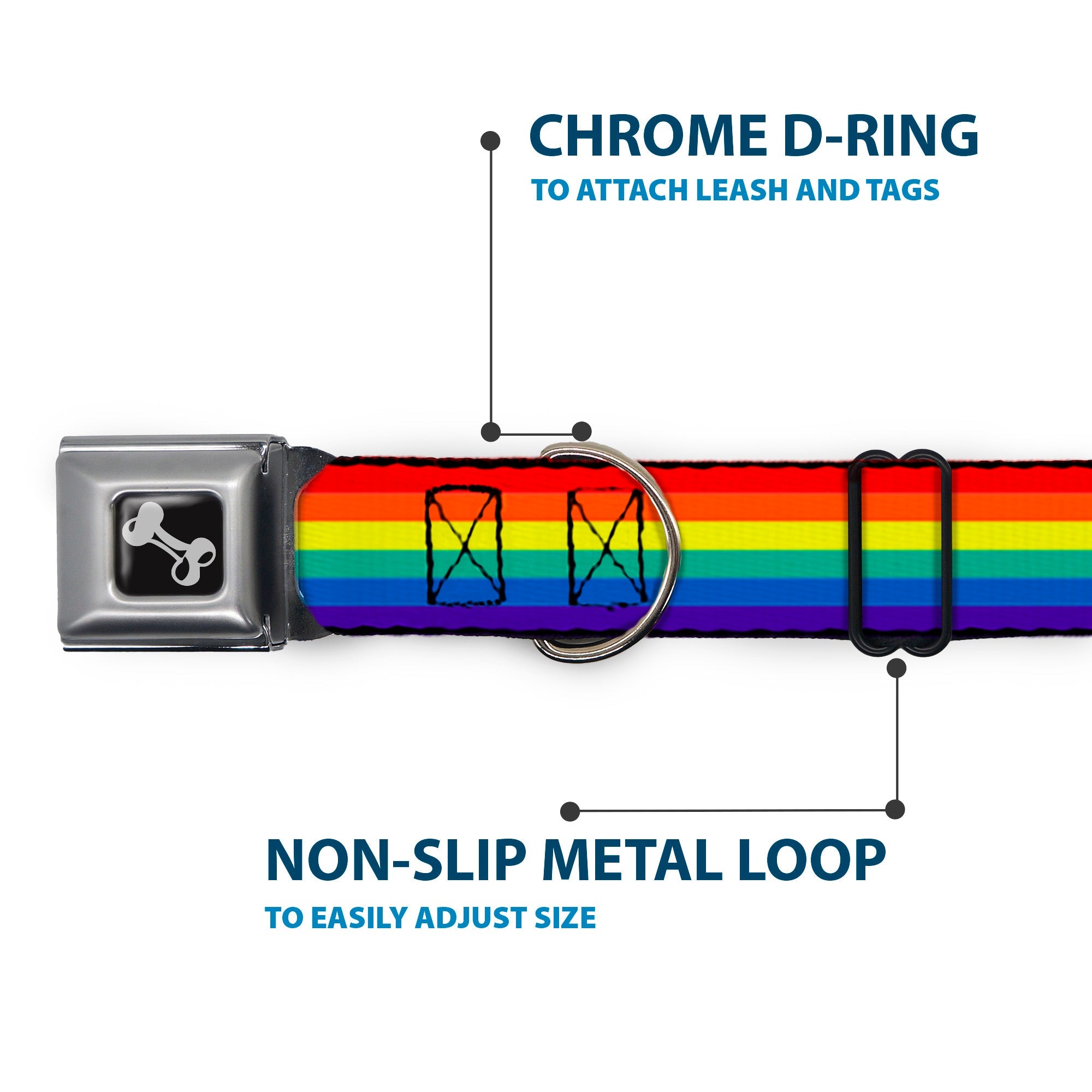 Dog Bone Black/Silver Seatbelt Buckle Collar - Rainbow Print