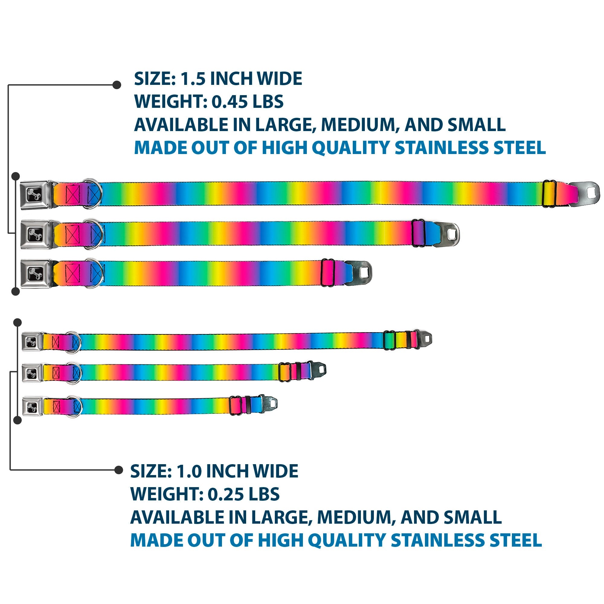 Dog Bone Black/Silver Seatbelt Buckle Collar - Rainbow Ombre