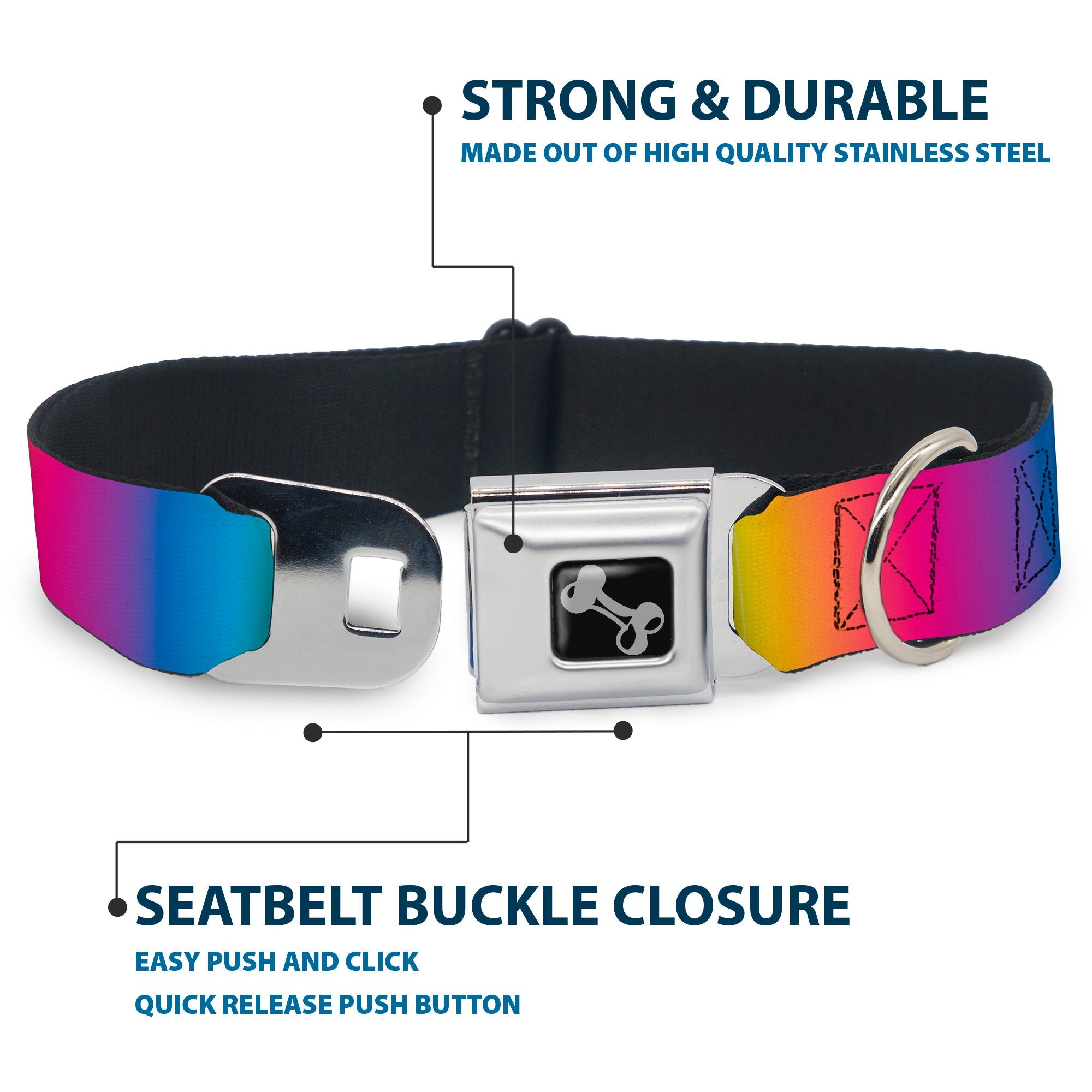 Dog Bone Black/Silver Seatbelt Buckle Collar - Rainbow Ombre
