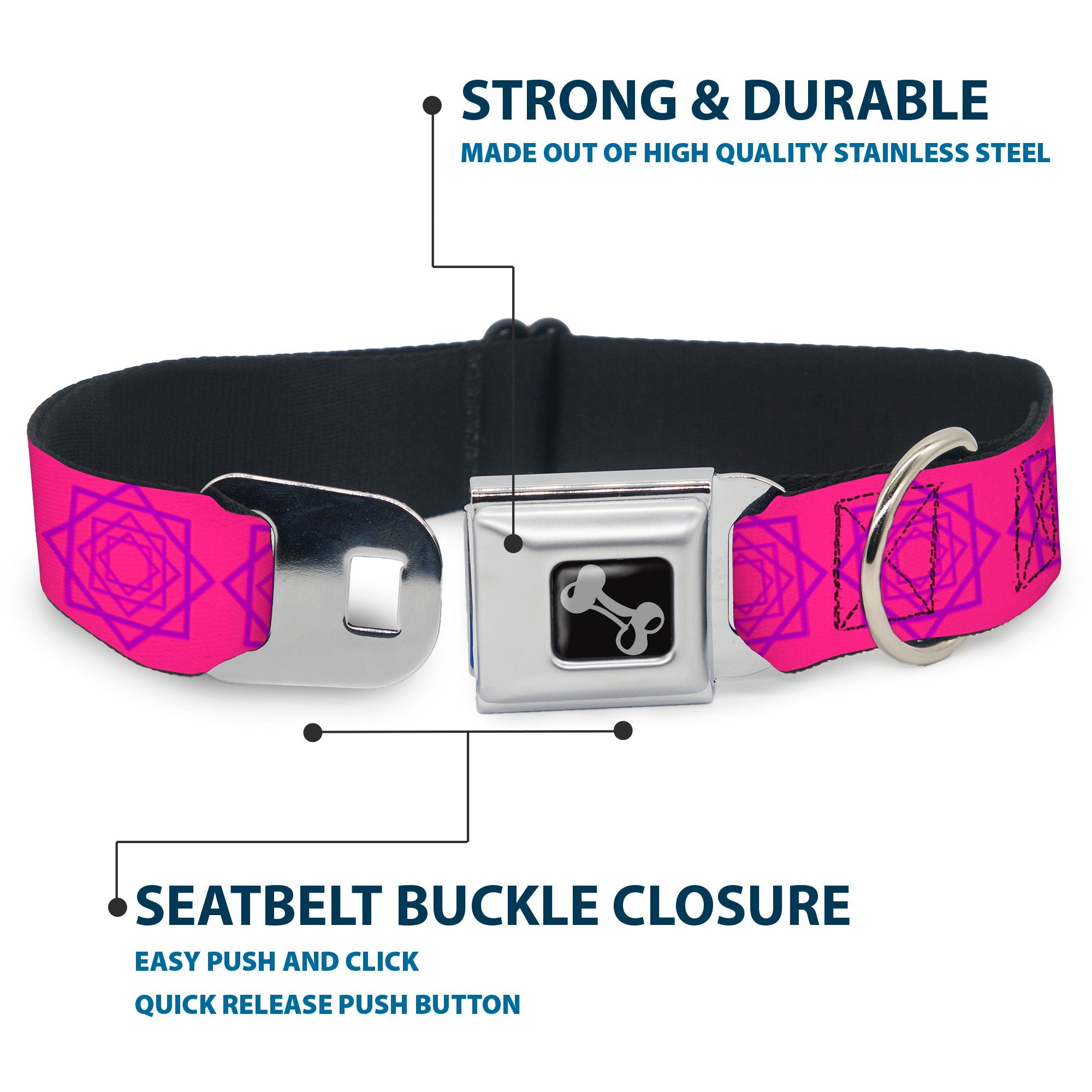 Dog Bone Seatbelt Buckle Collar - Rotating Squares Pink/Purple