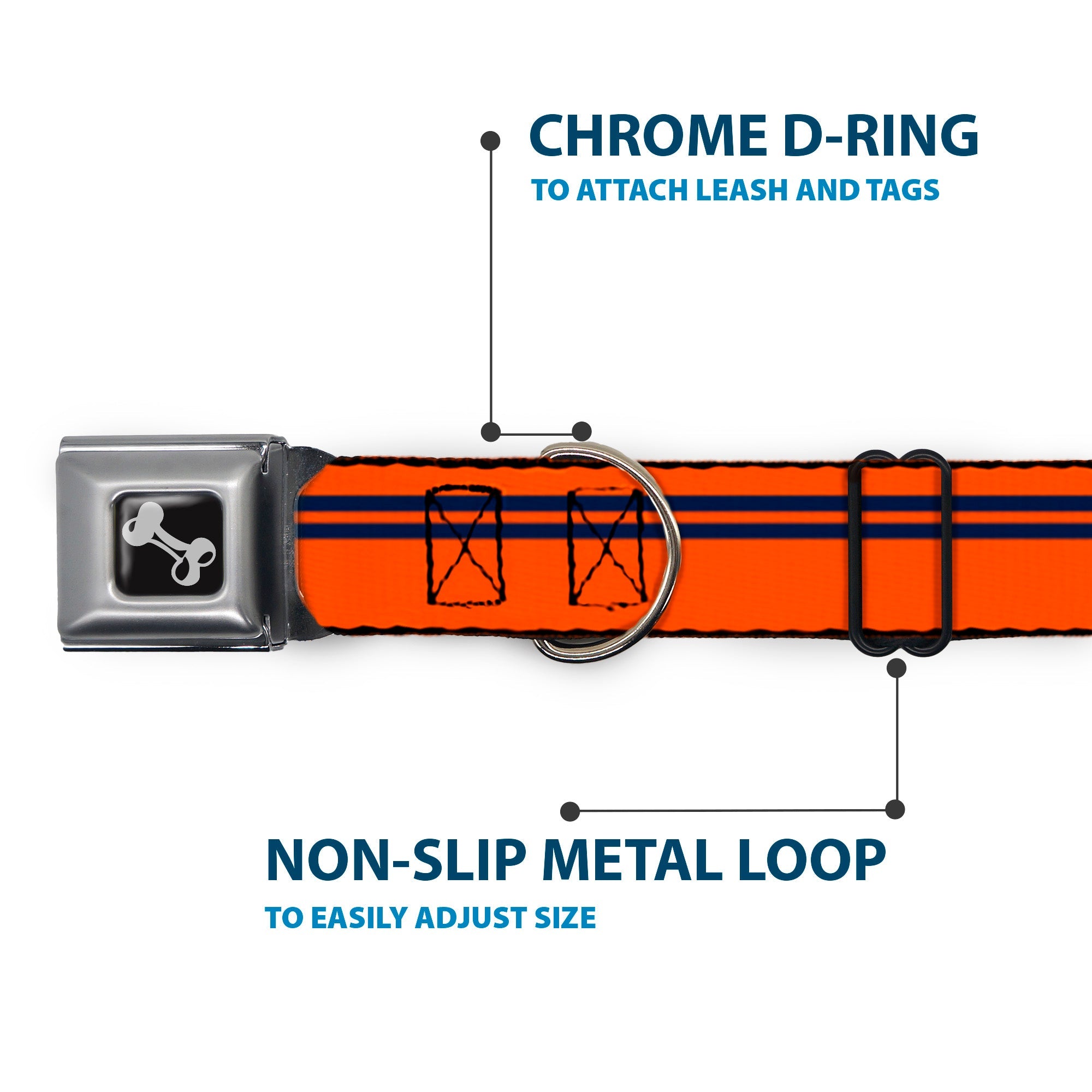 Dog Bone Seatbelt Buckle Collar - Racing Stripe Orange/Navy