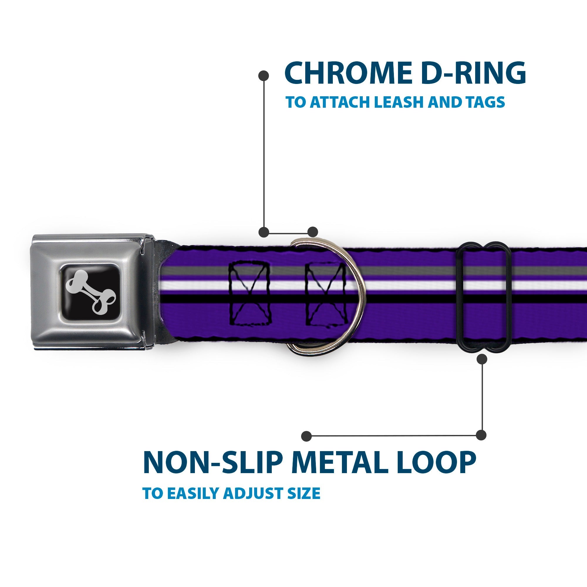 Dog Bone Seatbelt Buckle Collar - Racing Stripes Purple/Gray/White/Black