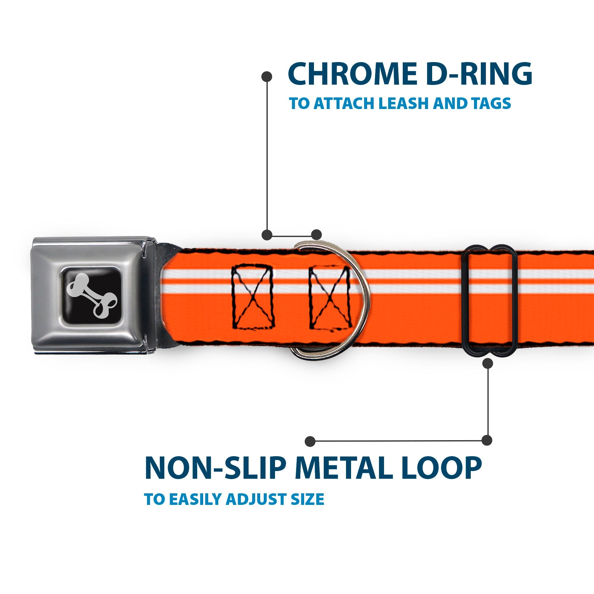 Dog Bone Seatbelt Buckle Collar - Racing Stripe Orange/White