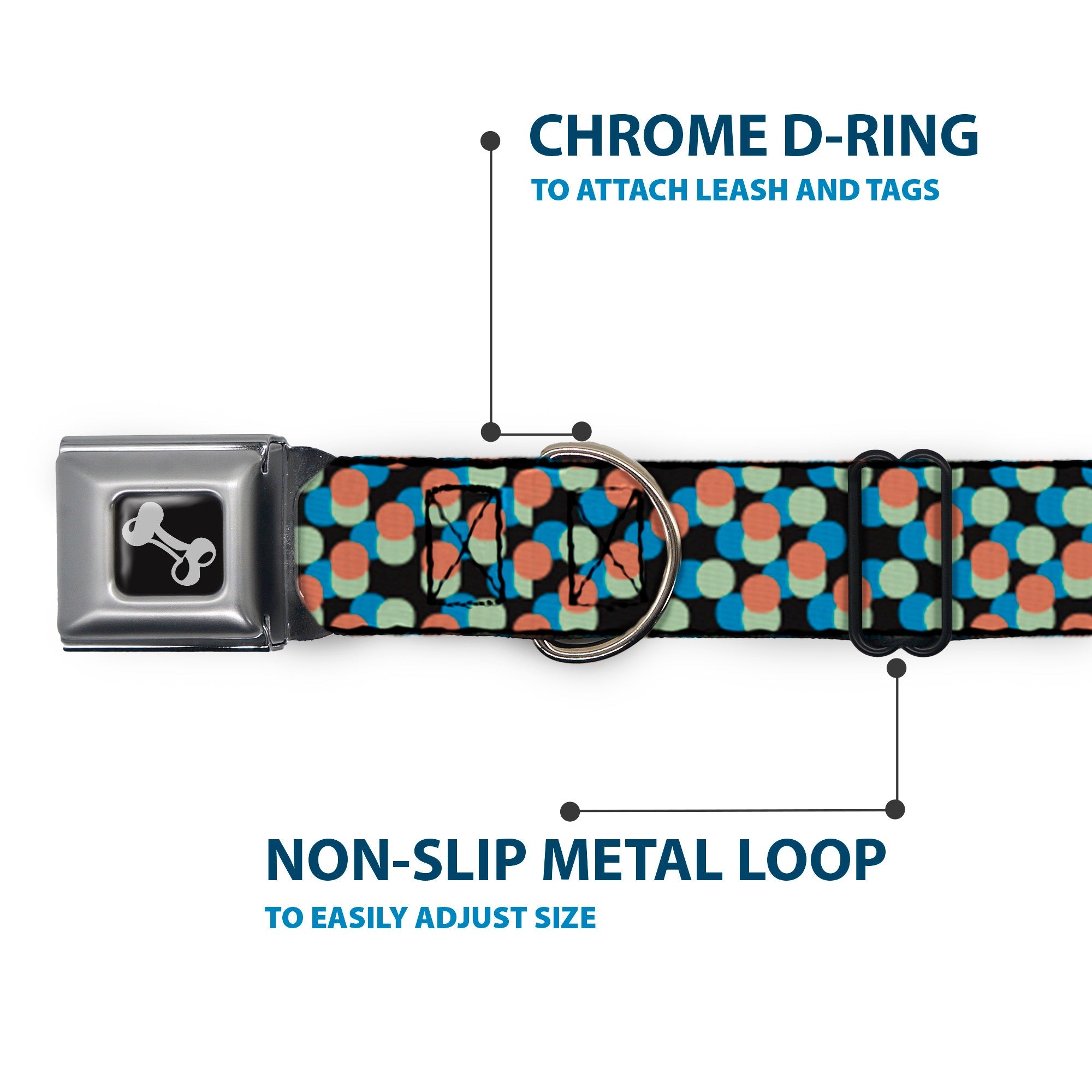 Dog Bone Seatbelt Buckle Collar - Polka Dots Stacked Black/Blue/Sage/Brown