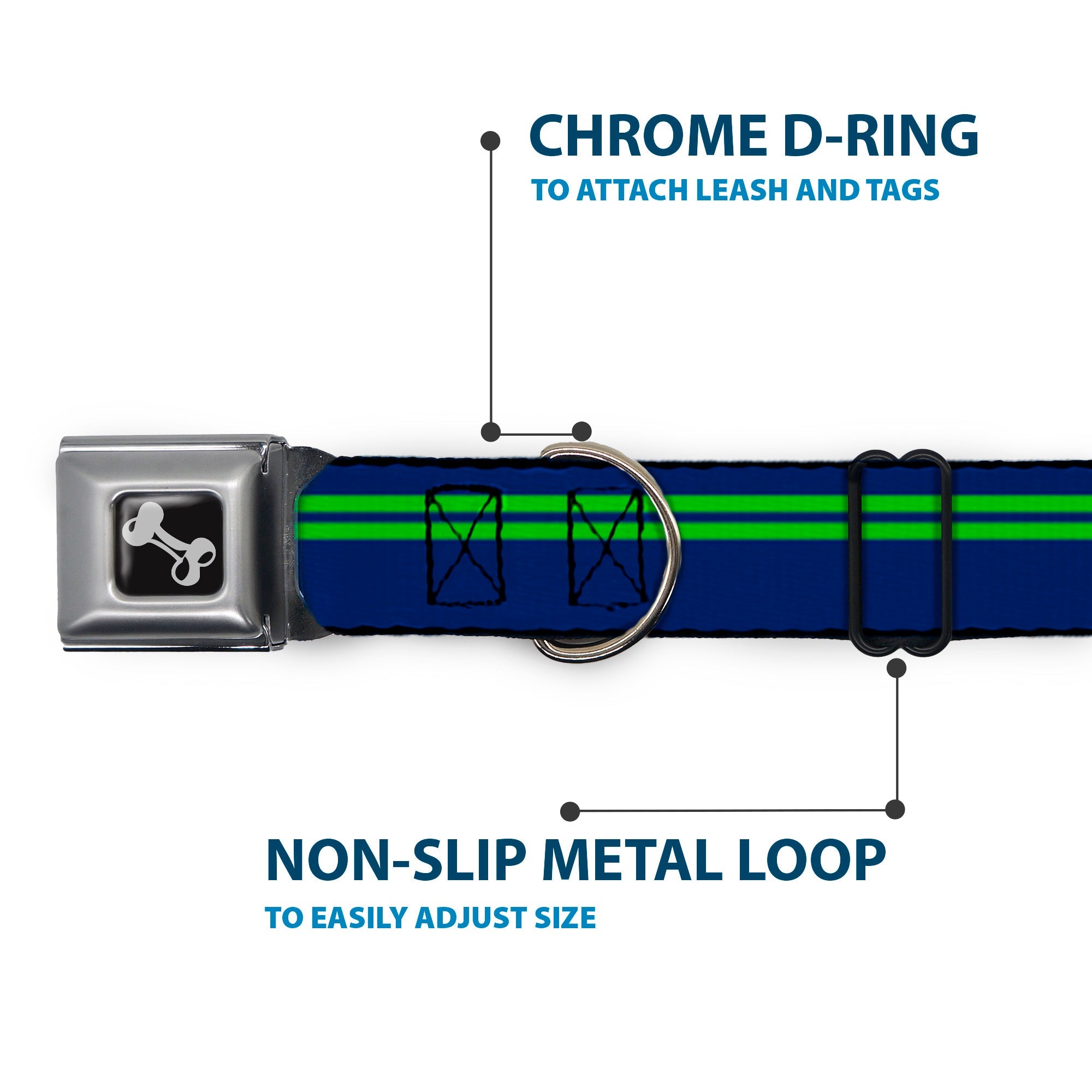 Dog Bone Seatbelt Buckle Collar - Racing Stripe Navy/Bright Green