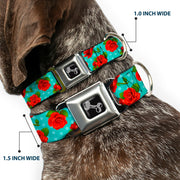 Dog Bone Seatbelt Buckle Collar - Red Roses/Polka Dots Turquoise