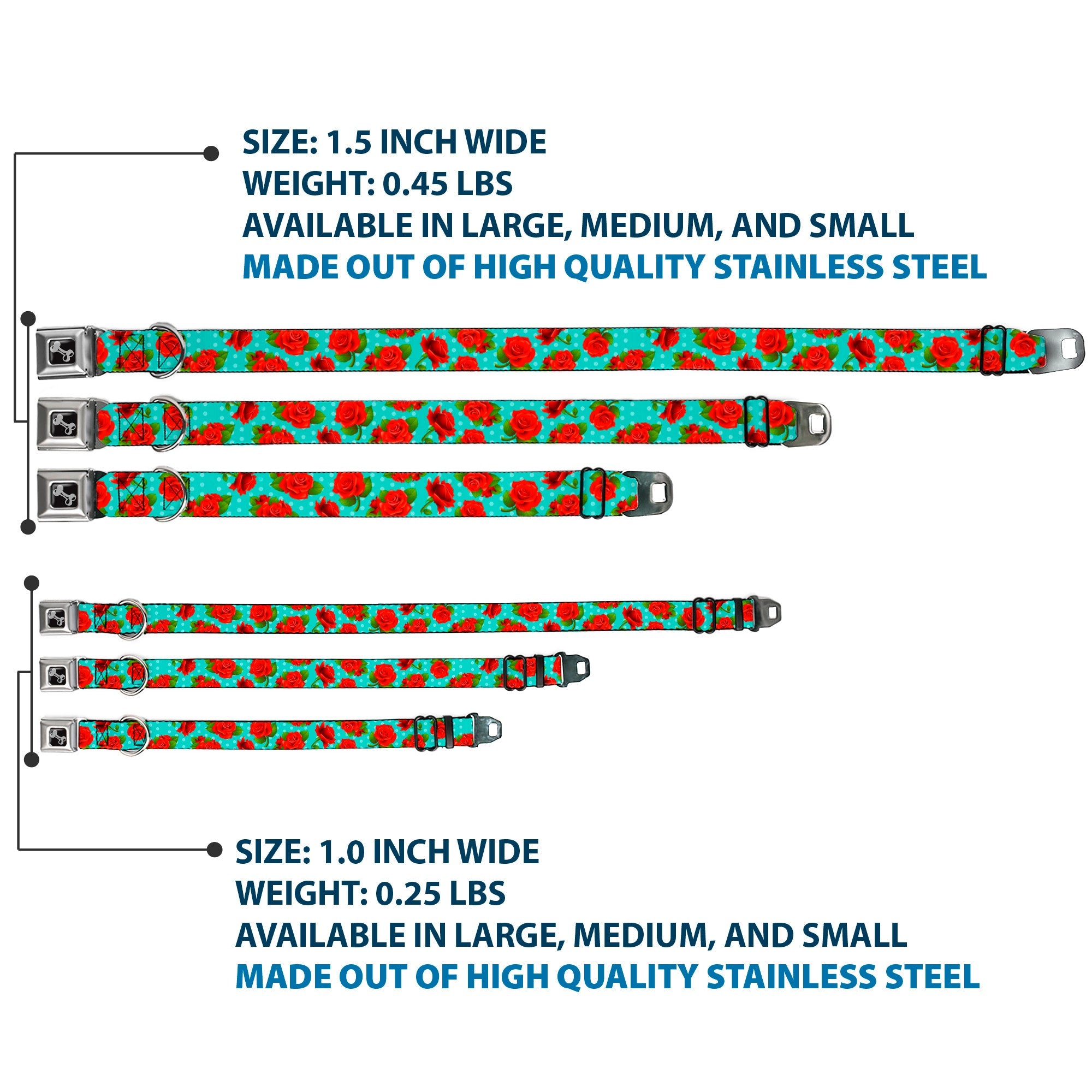 Dog Bone Seatbelt Buckle Collar - Red Roses/Polka Dots Turquoise