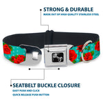 Dog Bone Seatbelt Buckle Collar - Red Roses/Polka Dots Turquoise
