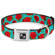 Dog Bone Seatbelt Buckle Collar - Red Roses/Polka Dots Turquoise