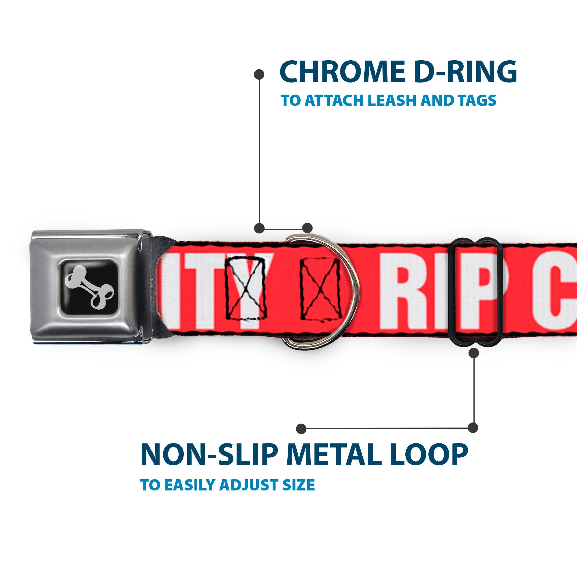Dog Bone Seatbelt Buckle Collar - RIP CITY Red/White