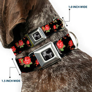 Dog Bone Seatbelt Buckle Collar - Red Roses Scattered Black