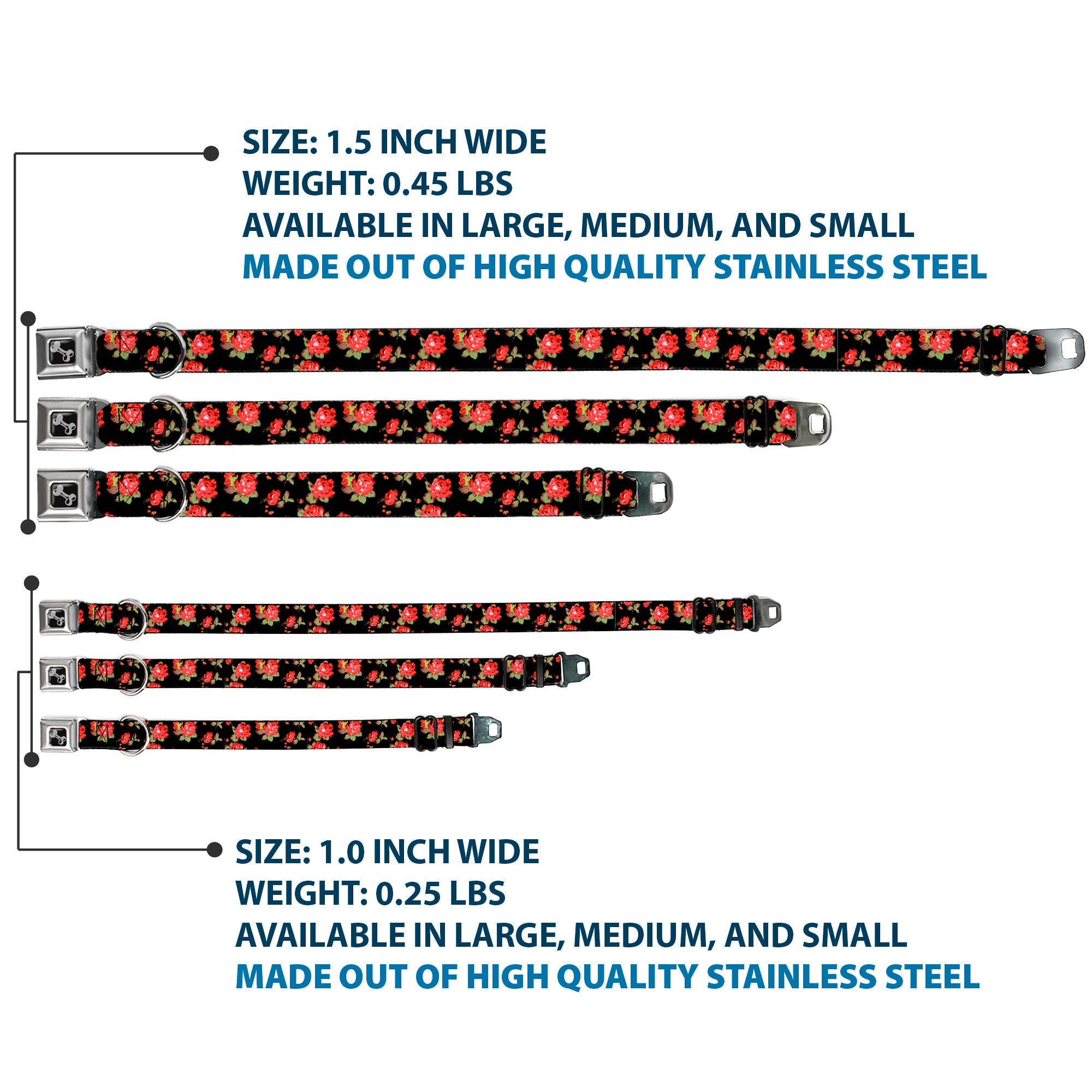 Dog Bone Seatbelt Buckle Collar - Red Roses Scattered Black