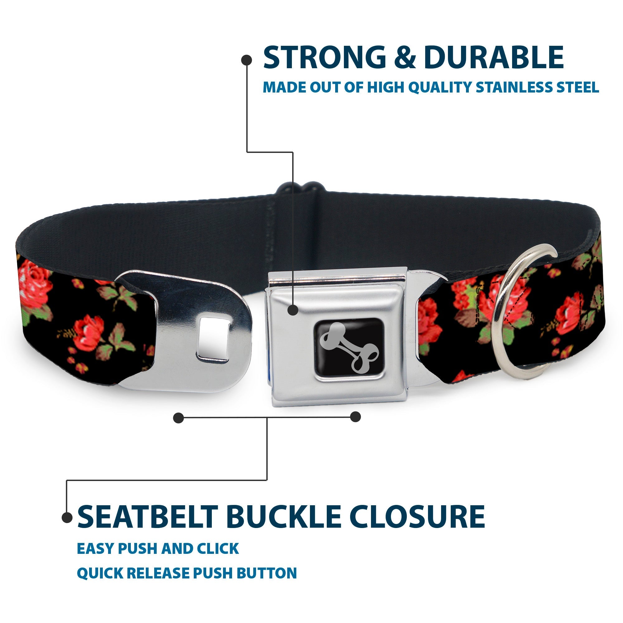 Dog Bone Seatbelt Buckle Collar - Red Roses Scattered Black