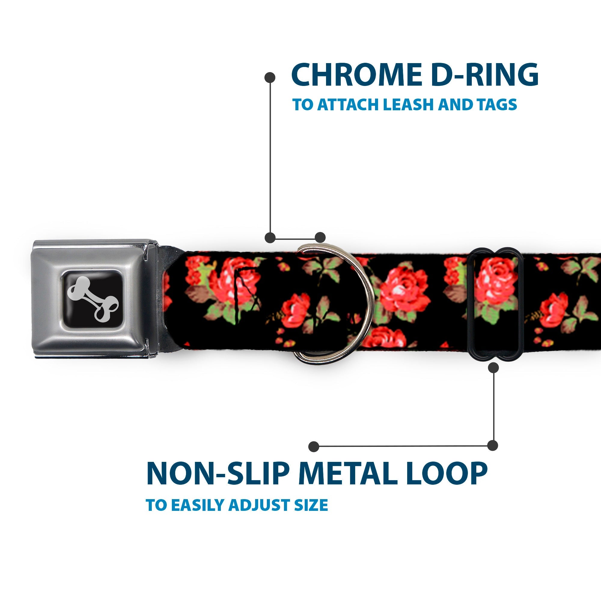 Dog Bone Seatbelt Buckle Collar - Red Roses Scattered Black