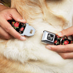 Dog Bone Seatbelt Buckle Collar - Red Roses Scattered Black