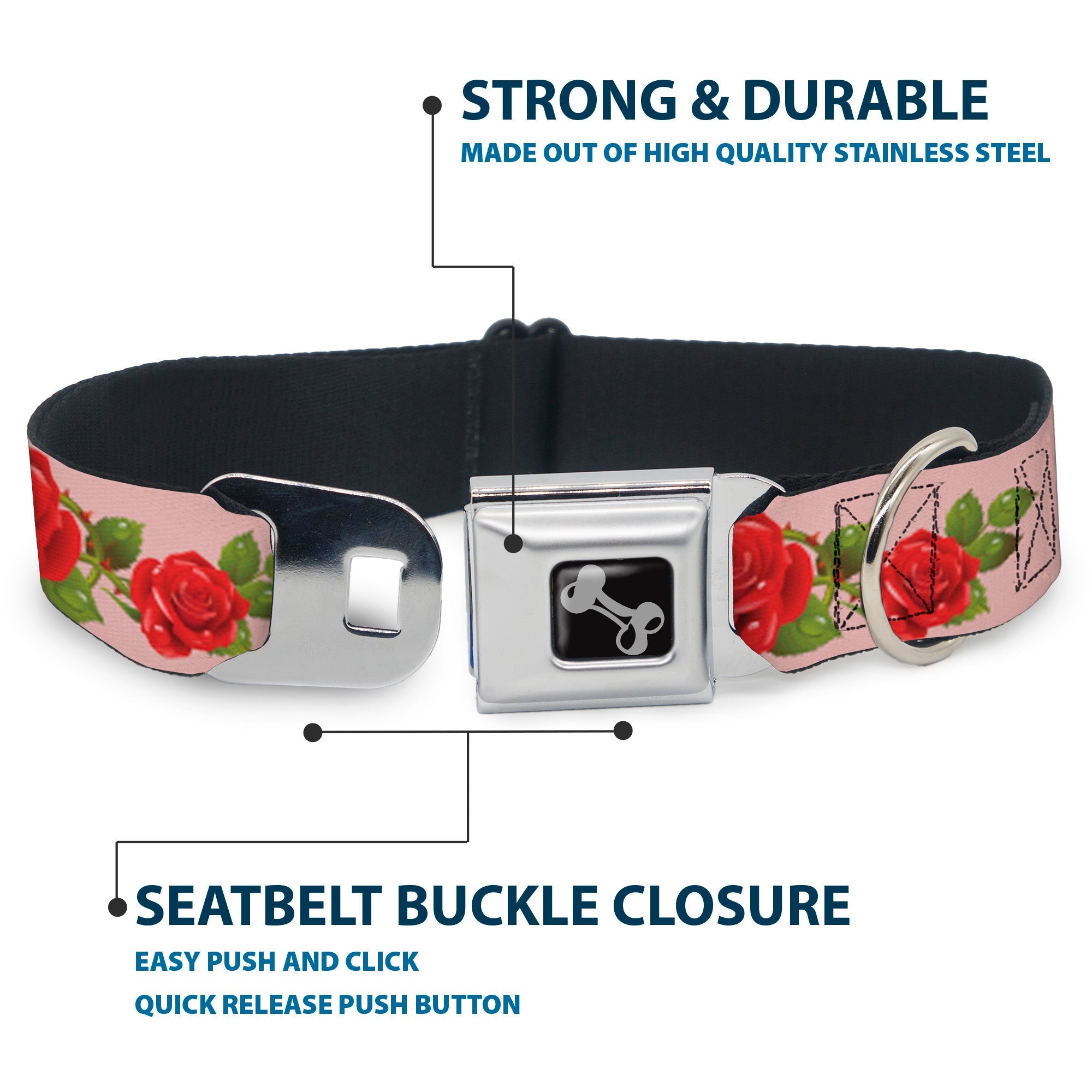 Dog Bone Seatbelt Buckle Collar - Rose Trio/Leaves Pink