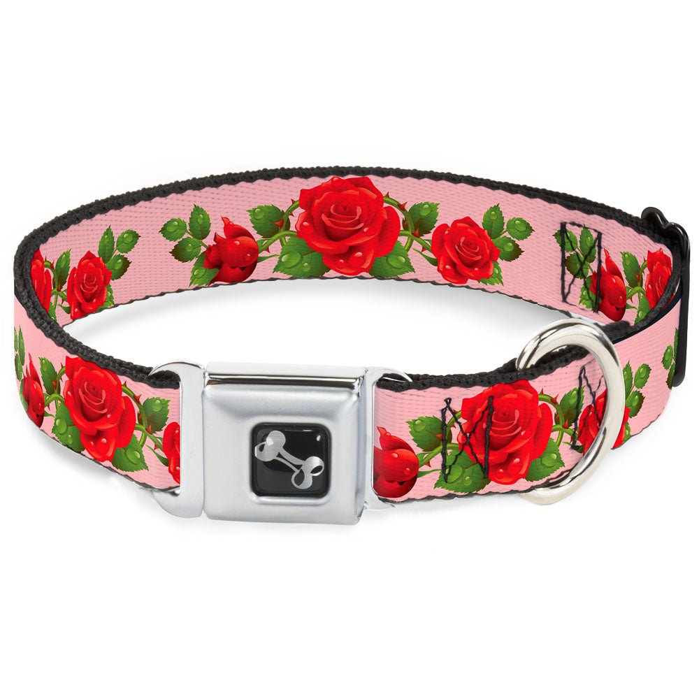 Dog Bone Seatbelt Buckle Collar - Rose Trio/Leaves Pink