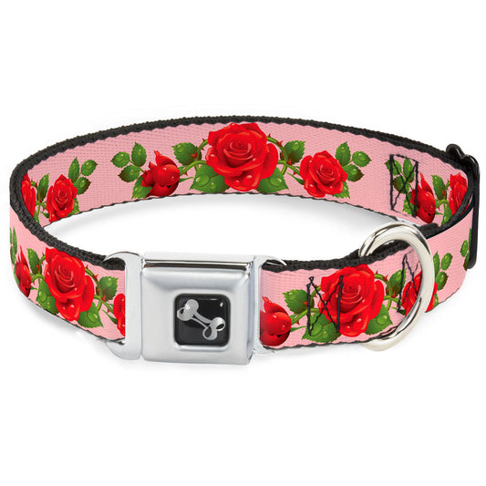 Dog Bone Seatbelt Buckle Collar - Rose Trio/Leaves Pink
