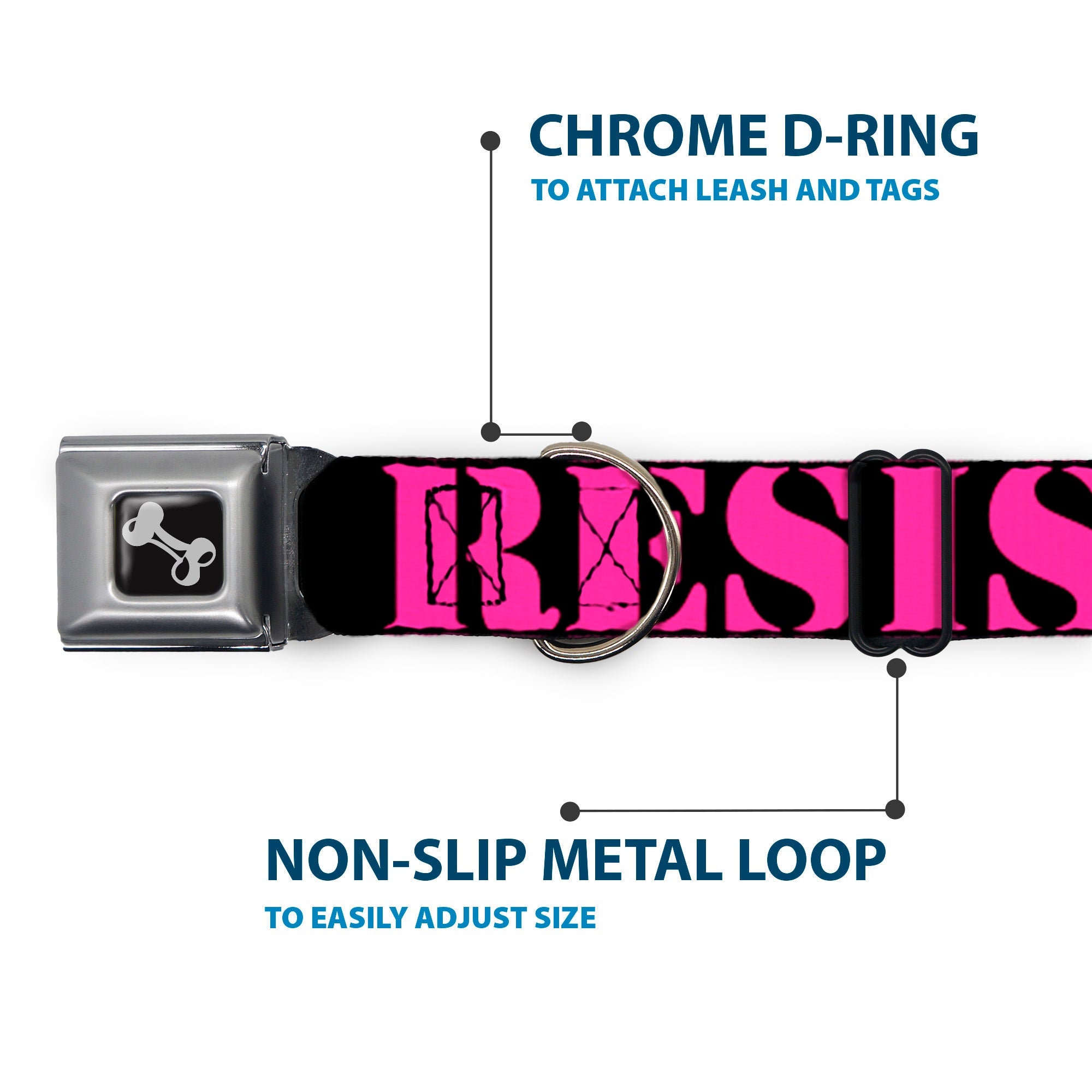 Dog Bone Seatbelt Buckle Collar - RESIST Stencil Black/Pink