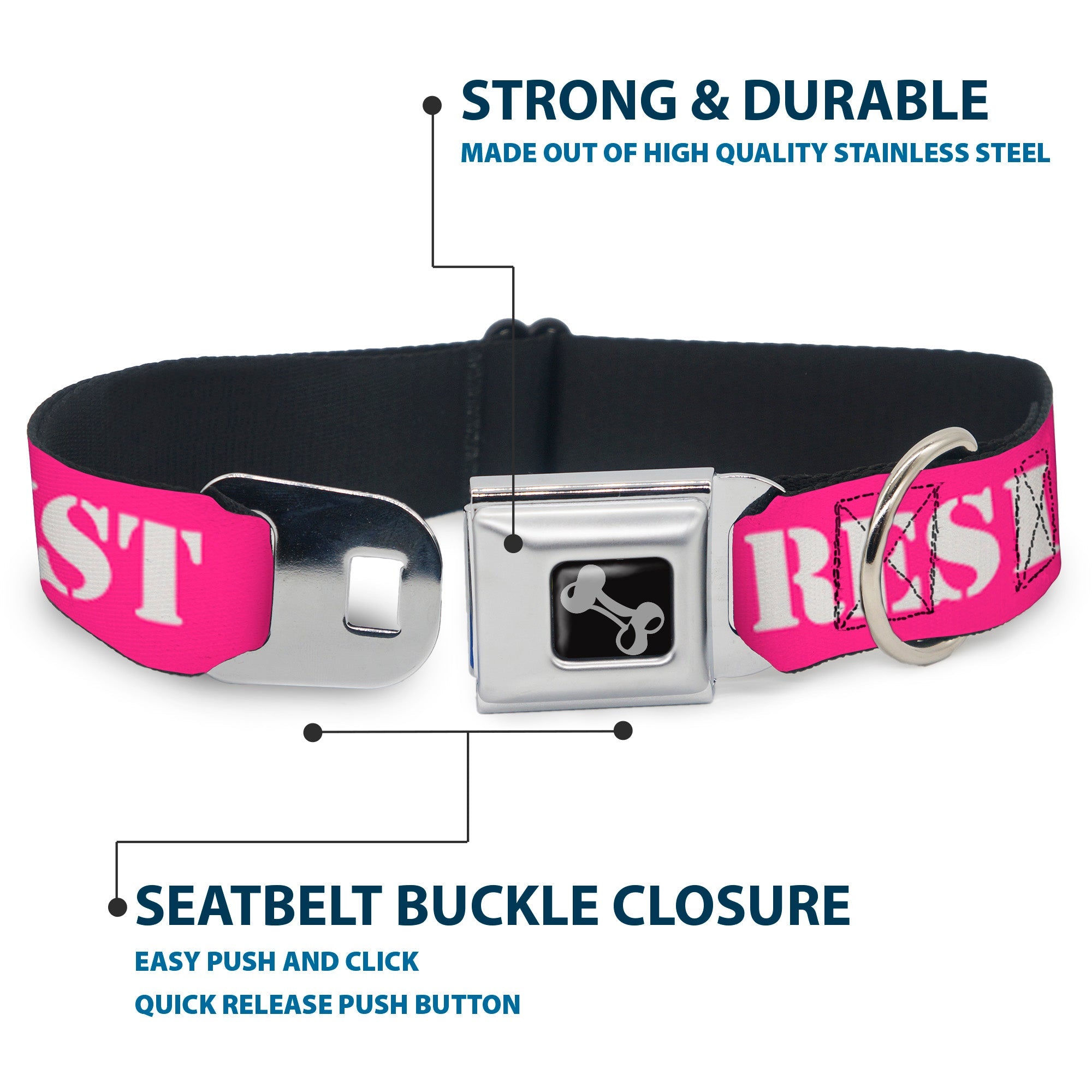 Dog Bone Seatbelt Buckle Collar - RESIST Stencil Pink/White