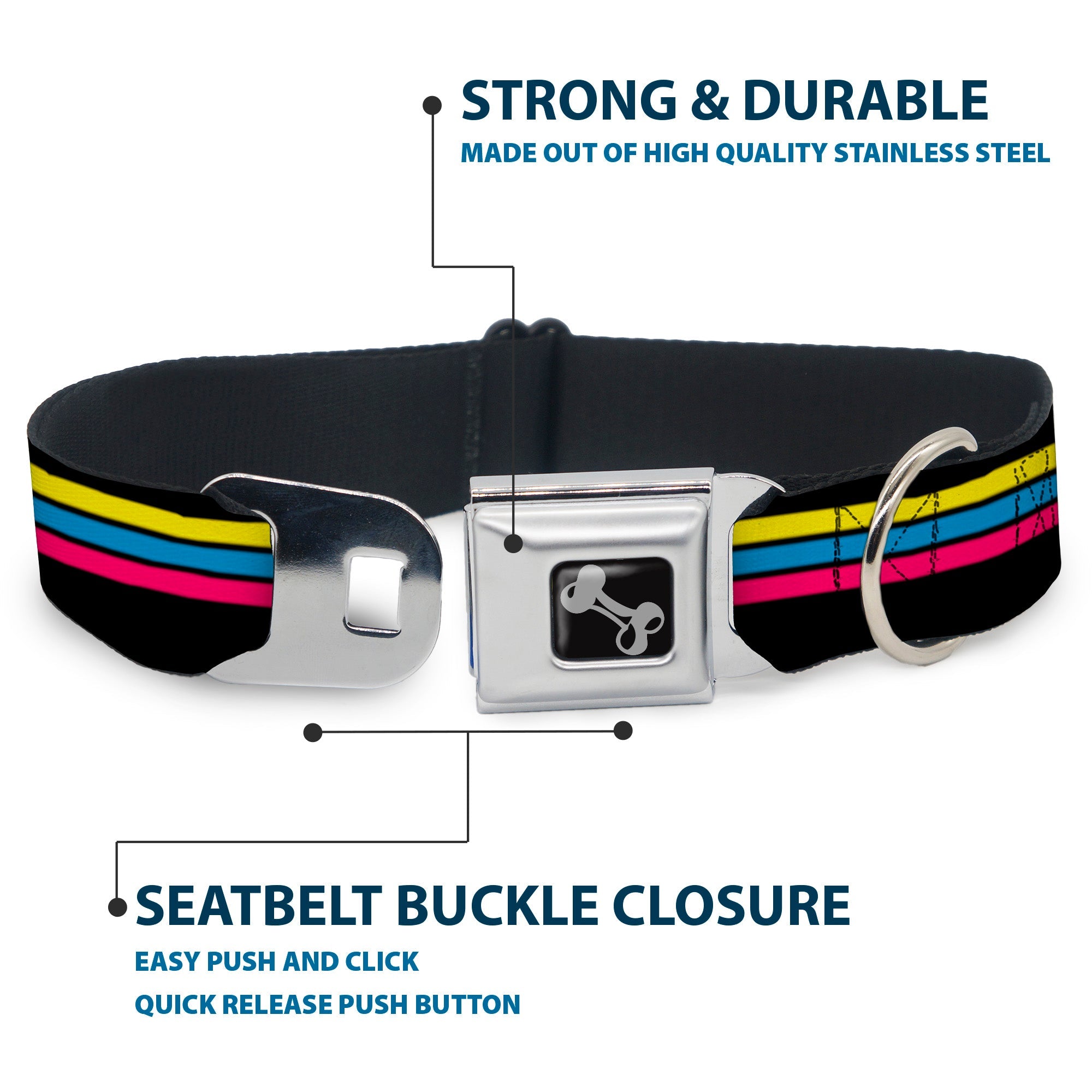 Dog Bone Black/Silver Seatbelt Buckle Collar - Racing Stripes Black/Yellow/Blue/Pink