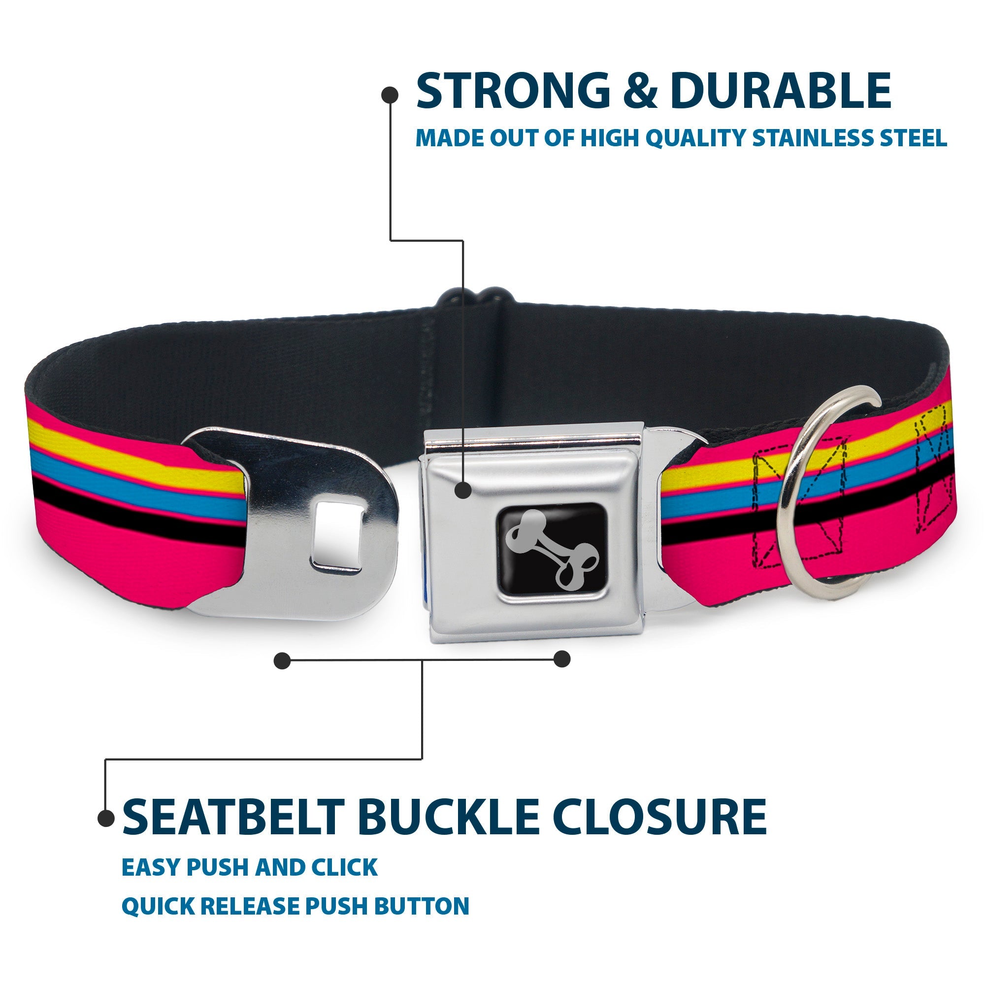Dog Bone Black/Silver Seatbelt Buckle Collar - Racing Stripes Pink/Yellow/Blue/Black