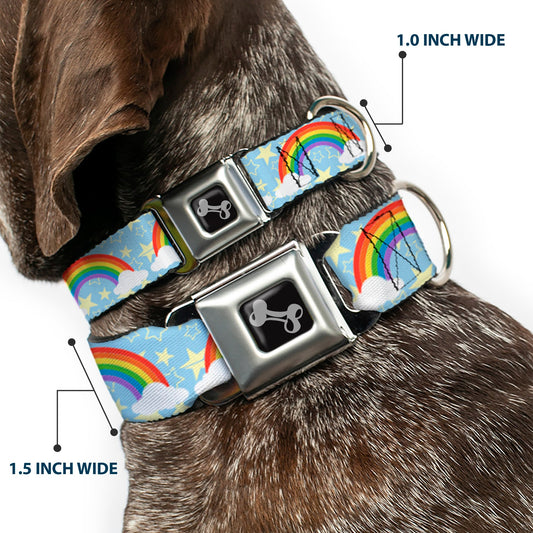 Dog Bone Black/Silver Seatbelt Buckle Collar - Rainbows & Stars Light Blue/Yellow/Rainbow