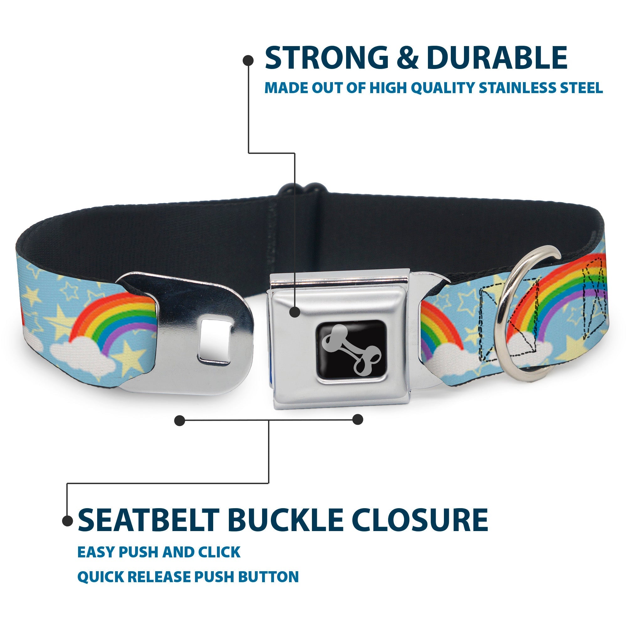 Dog Bone Black/Silver Seatbelt Buckle Collar - Rainbows & Stars Light Blue/Yellow/Rainbow