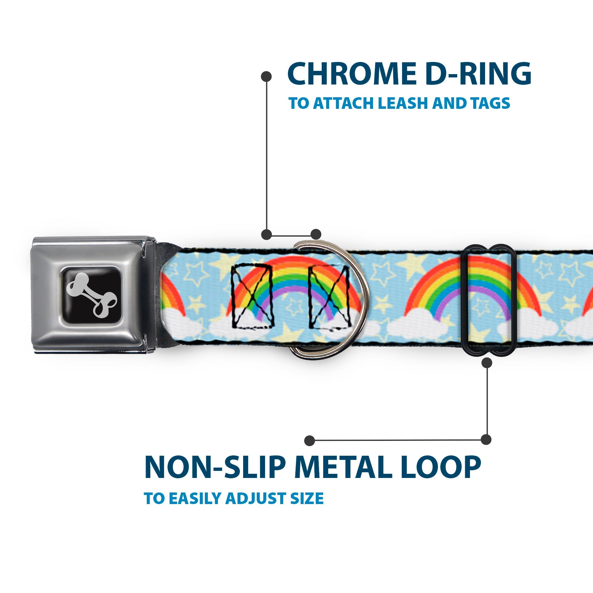 Dog Bone Black/Silver Seatbelt Buckle Collar - Rainbows & Stars Light Blue/Yellow/Rainbow