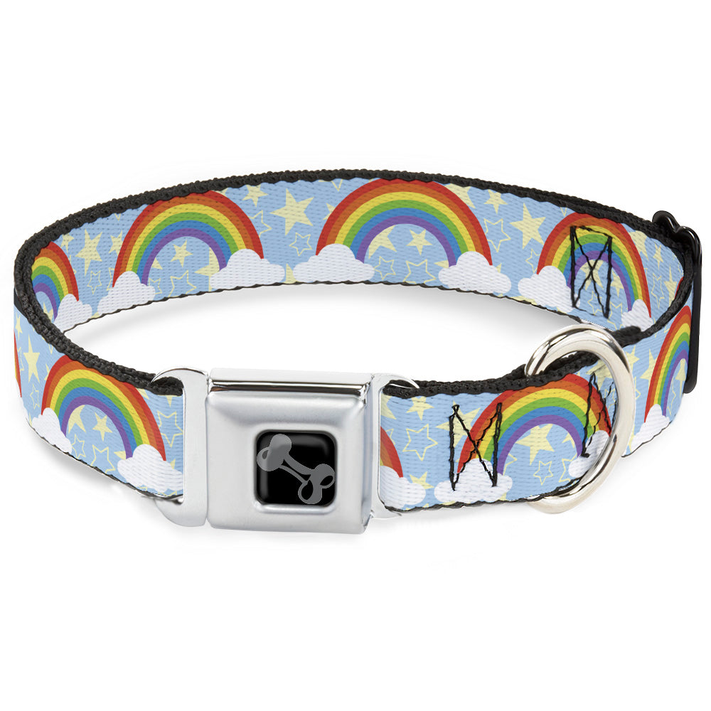 Dog Bone Black/Silver Seatbelt Buckle Collar - Rainbows & Stars Light Blue/Yellow/Rainbow