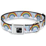 Dog Bone Black/Silver Seatbelt Buckle Collar - Rainbows & Stars Light Blue/Yellow/Rainbow
